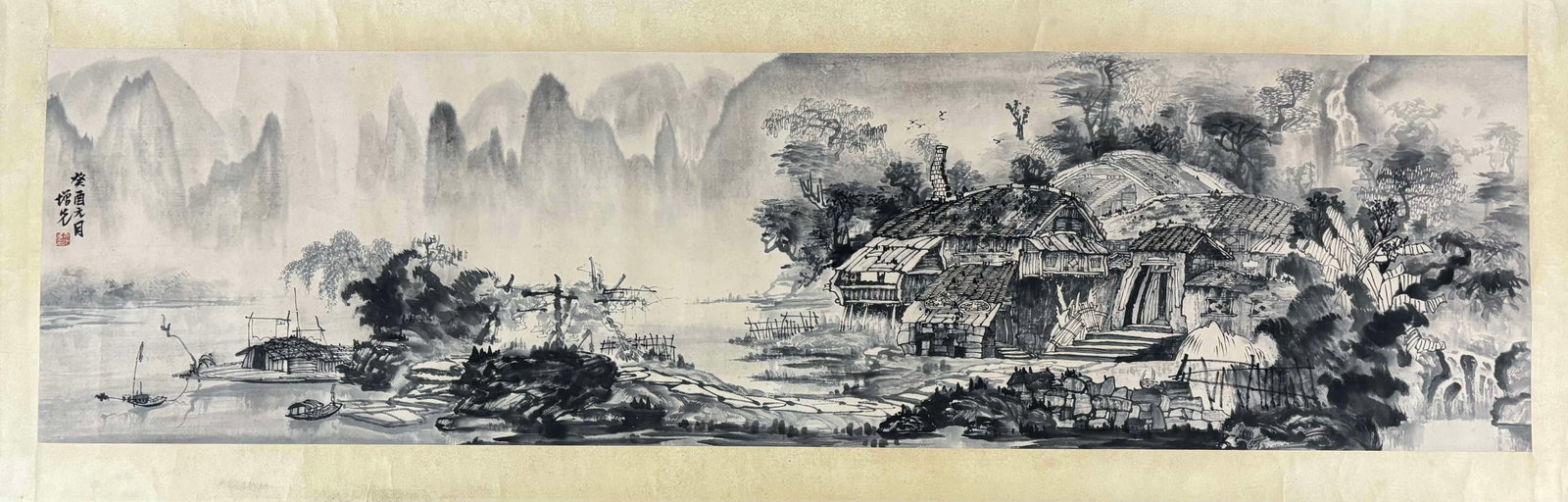 A Chinese Ink Painting of Landscape on Paper,Fang Zengxian: A Chinese Ink Painting of Landscape on Paper,Fang Zengxian,Size:(Without frame)70.1inx18.9in 一幅中国水墨山水画,方增先
