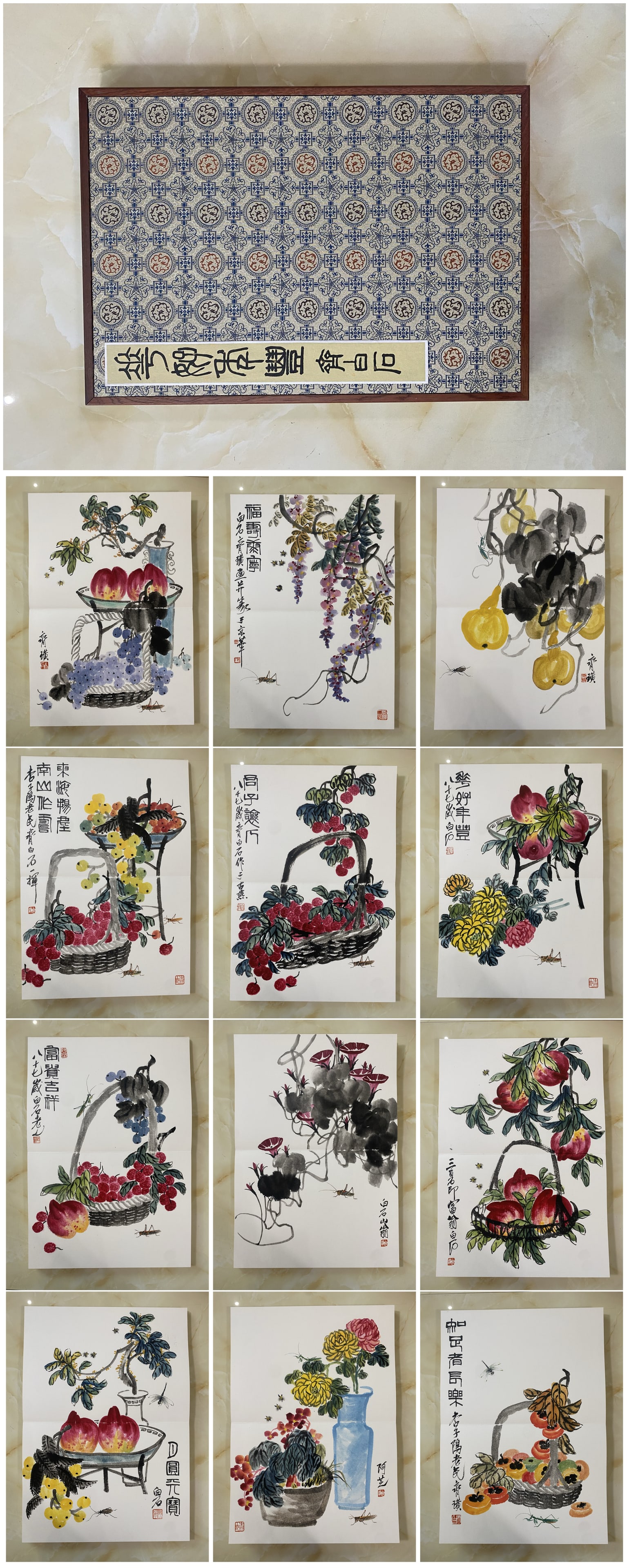 A Chinese Album Ink Painting of Flower and Fruit on Paper,Qi Baishi: A Chinese Album Ink Painting of Flower and Fruit on Paper,Qi Baishi,Size:17.3inx25.2in*12 一本中国水墨花果图画册,齐白ĳ