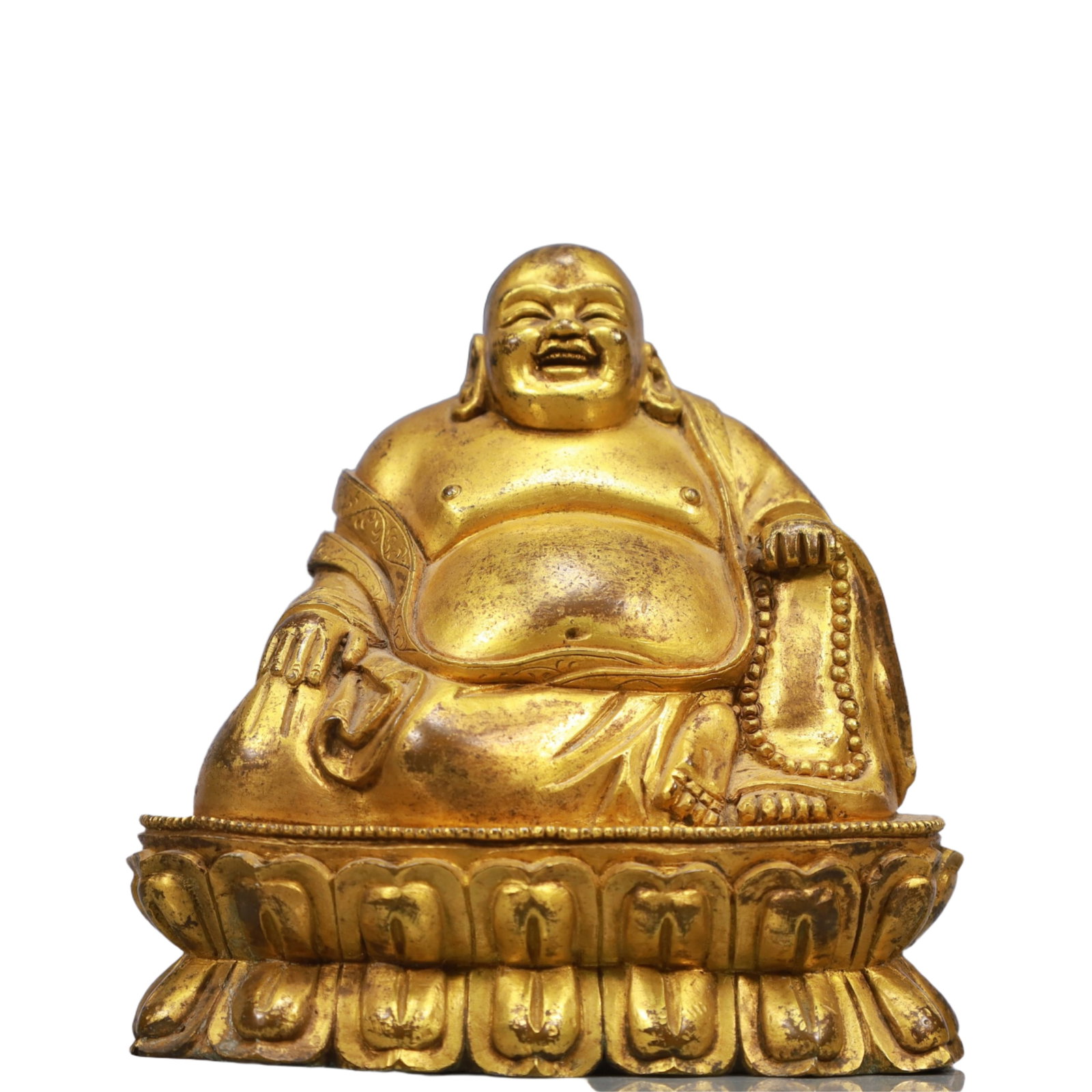 A Solemn Gilt Bronze Statue of Maitreya Buddha: A Solemn Gilt Bronze Statue of Maitreya Buddha,Qing Dynasty, China,Size:4.7inx3.1inx5.1in,Weight:1300g 铜鎏金弥勒佛像,中国清代
