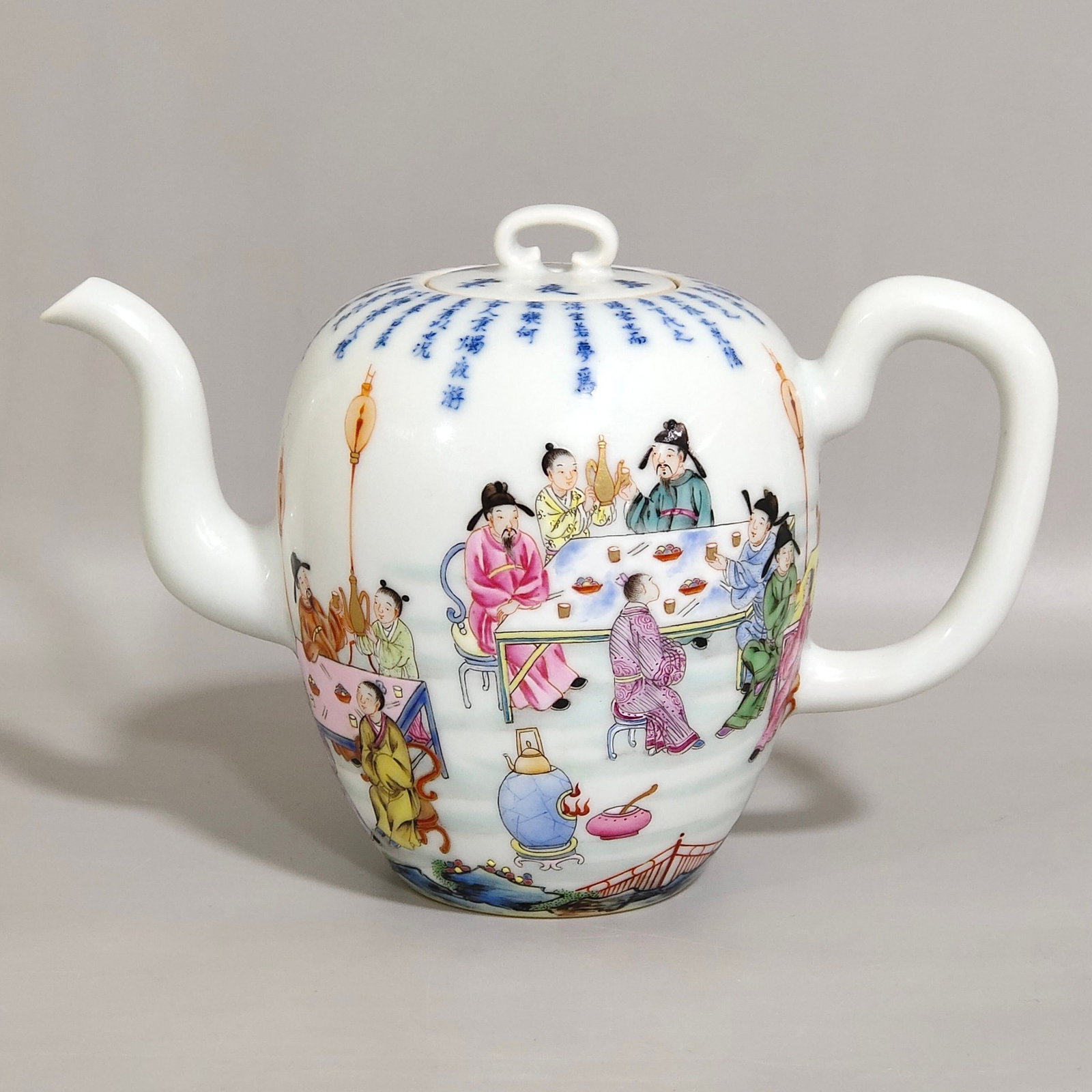 An Exquisite Famille-Rose Character and Story Pattern Teapot,With Poem: An Exquisite Famille-Rose Character and Story Pattern Teapot,With Poem,Qing Dynasty,China,Yongzheng Six-character Mark,Size:4.3inx5.9in 粉彩人物故事纹茶