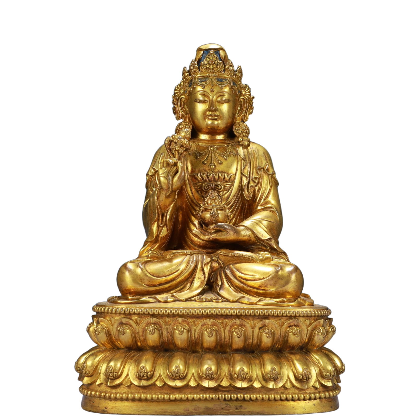 A Solemn Gilt Bronze Statue of Avalokitesvara: A Solemn Gilt Bronze Statue of Avalokitesvara,Ming Dynasty, China,Yongle Six-character Mark,Size:8.7inx5.9inx13.8in,Weight:7300g 铜鎏金观音像,中国਴