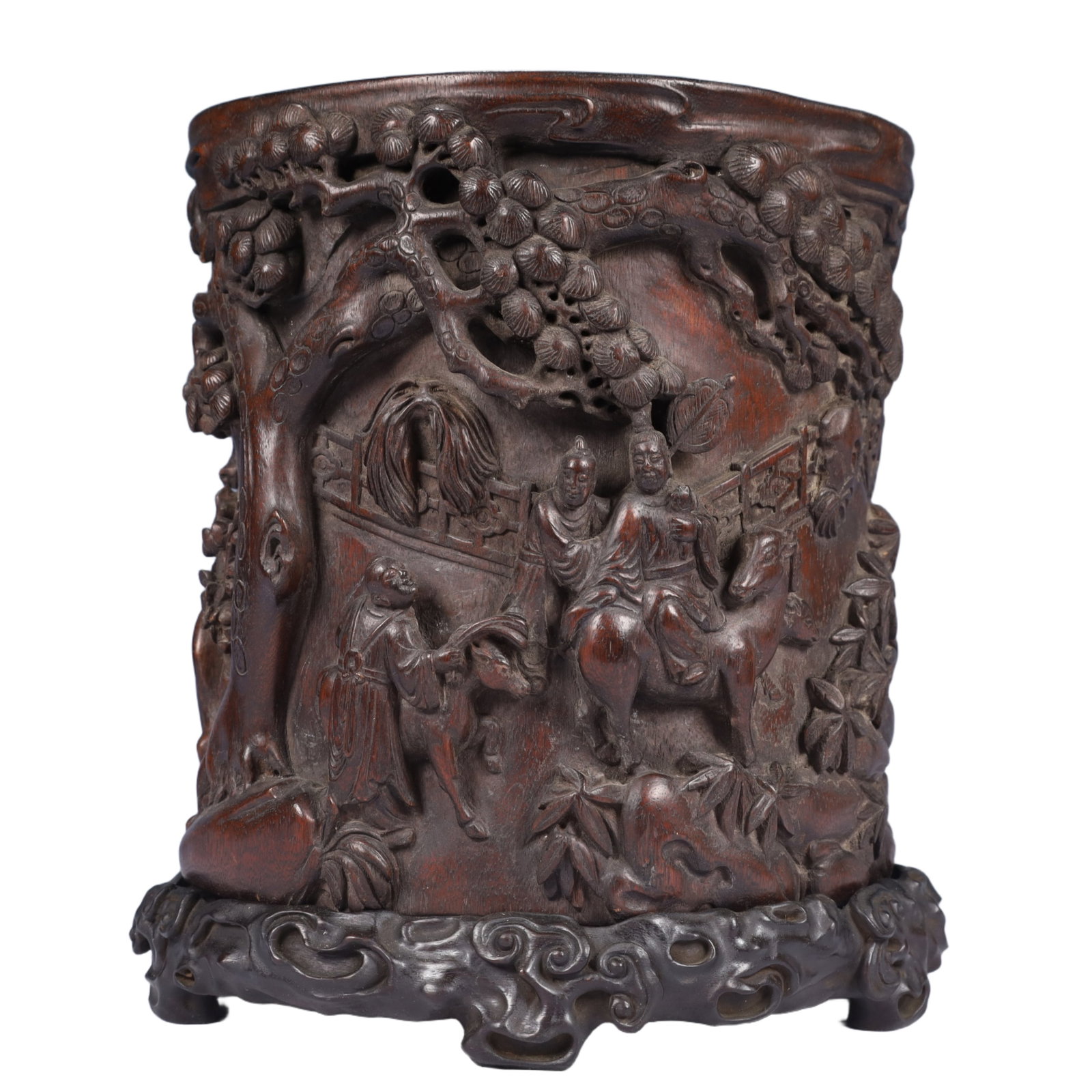 An Exquisite Redwood Landscape and Figure Pattern Brush Pot,With Poem,With Base: An Exquisite Redwood Landscape and Figure Pattern Brush Pot,With Poem,With Base,Qing Dynasty, China,Size:8.7inx7.5inx10.6in,Weight:1500g 沉香木山水人物纹