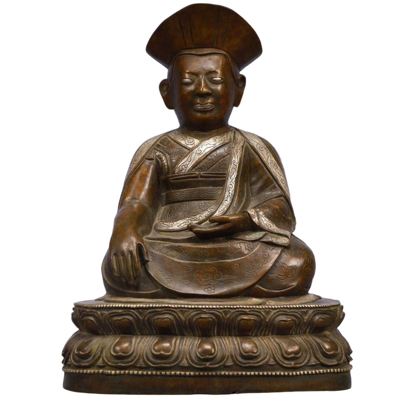 A Solemn Bronze Inlaid Silver Statue of Guru, With Inscription: A Solemn Bronze Inlaid Silver Statue of Guru, With Inscription,Qing Dynasty, China,Size:7.1inx5.5inx9.1in,Weight:3850g 铜嵌银上师像,带铭文,中