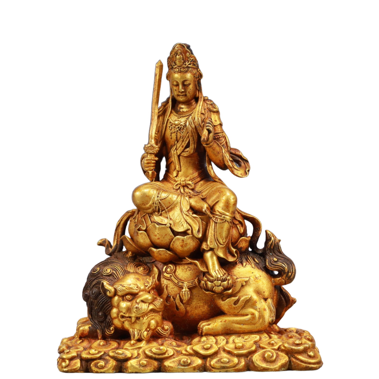 A Solemn Gilt Bronze Statue of Manjusri: A Solemn Gilt Bronze Statue of Manjusri,Ming Dynasty, China,Yongle Four-character Mark,Size:2.8inx1.6inx3.5in,Weight:491g 铜鎏金文殊菩萨像,中Þ