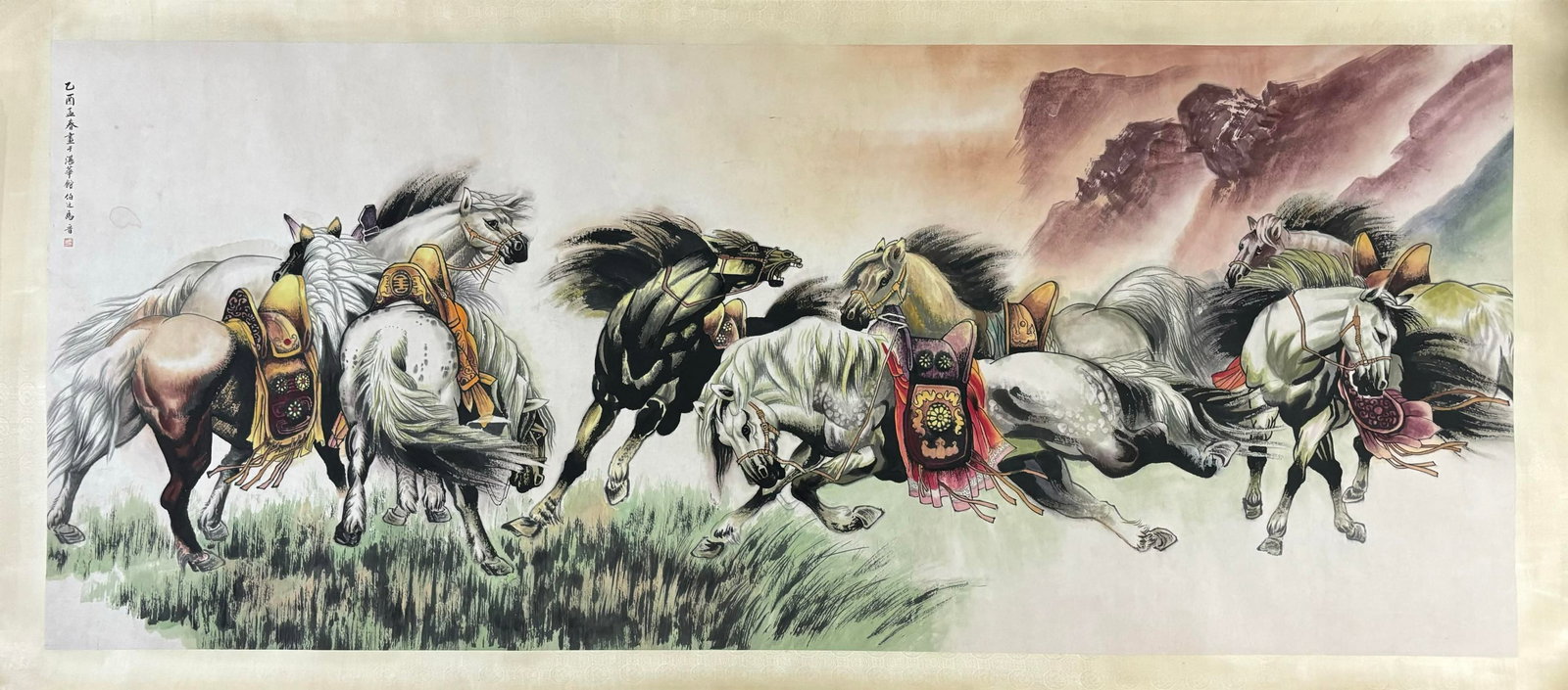 A Chinese Ink Painting of Horse on Paper,Ma Jin: A Chinese Ink Painting of Horse on Paper,Ma Jin,Size:(Without frame)93.7inx39.2in 一幅中国水墨骏马图,马晋