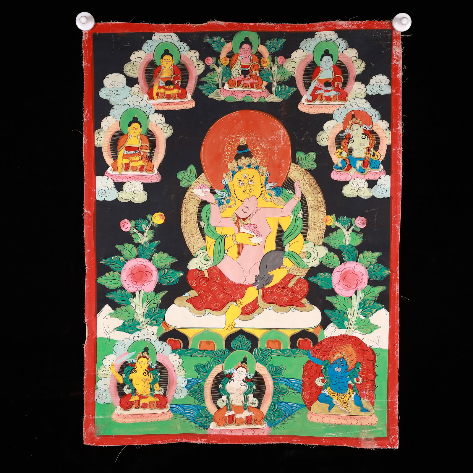 A Rare Painted Color Statue of Chakrasamvara Tangka: A Rare Painted Color Statue of Chakrasamvara Tangka,Qing Dynasty, China,Size:20.1inx26.8in 彩绘胜乐金刚像唐卡,中国清代