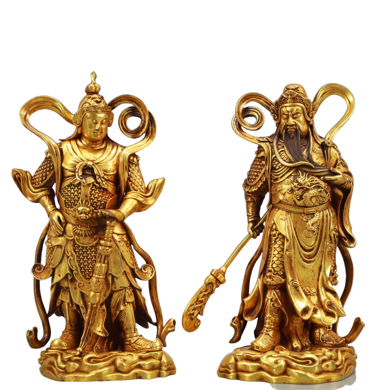 A Pair of Solemn Gilt Bronze Statue of Guangong: A Pair of Solemn Gilt Bronze Statue of Guangong ,Ming Dynasty, China,Yongle Six-character Mark,Size:3.5inx3inx6.3in,Weight:2950g 一对铜鎏金关公像,ߑ