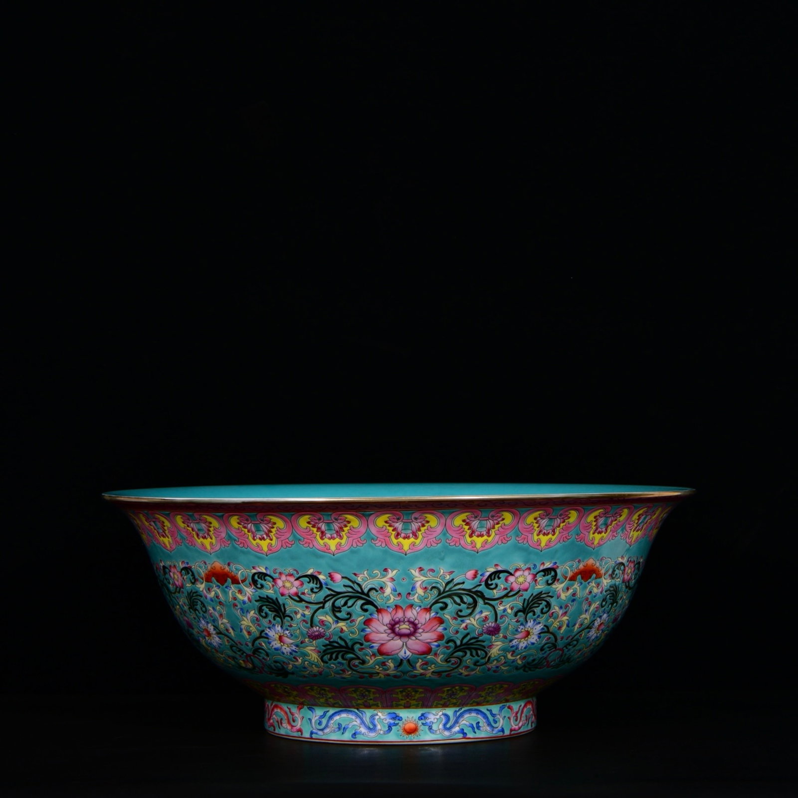 A Huge Turquoise Glazed Enamel Painted Gold Flower Pattern Bowl: A Huge Turquoise Glazed Enamel Painted Gold Flower Pattern Bowl,Qing Dynasty,China,Yongzheng Four-character Mark,Size:6.9inx17.1in 松石绿釉珐琅彩描ŵ