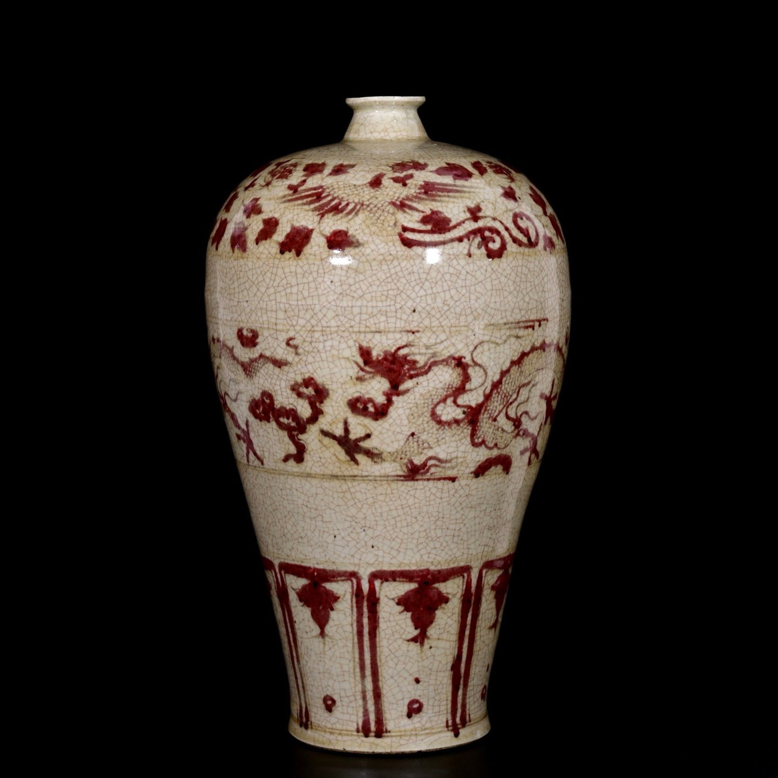 A Huge Underglaze-Red Dragon and Phoenix Pattern Vase: A Huge Underglaze-Red Dragon and Phoenix Pattern Vase,Yuan Dynasty,China,Size:17.1inx10.2in 釉里红龙凤纹瓶,中国元代