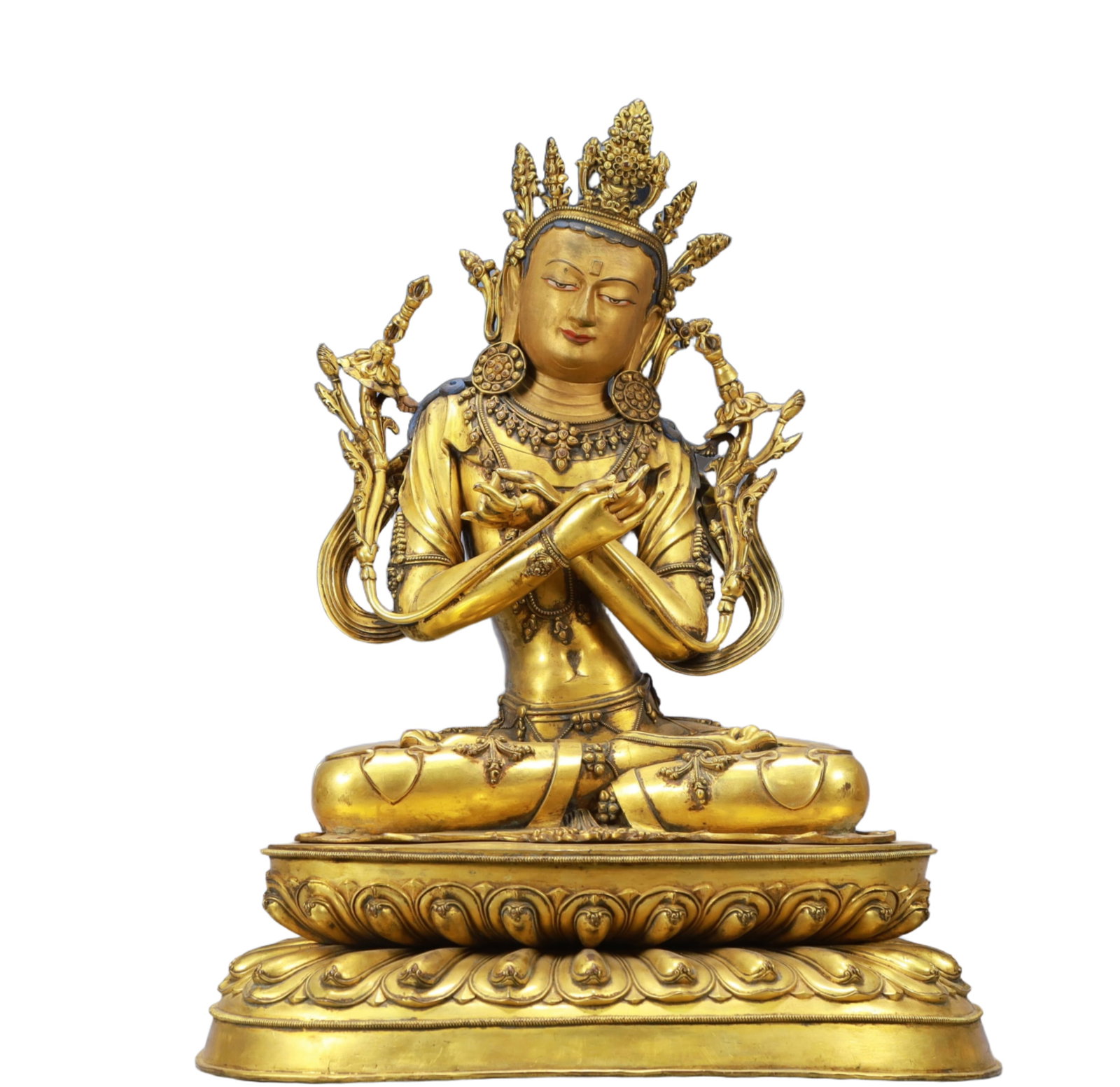 A Solemn Gilt Bronze Statue of Vajrasattva: A Solemn Gilt Bronze Statue of Vajrasattva,Ming Dynasty, China,Size:15.4inx11inx21.7in Weight:19400g 铜鎏金金刚萨陲像,中国明代