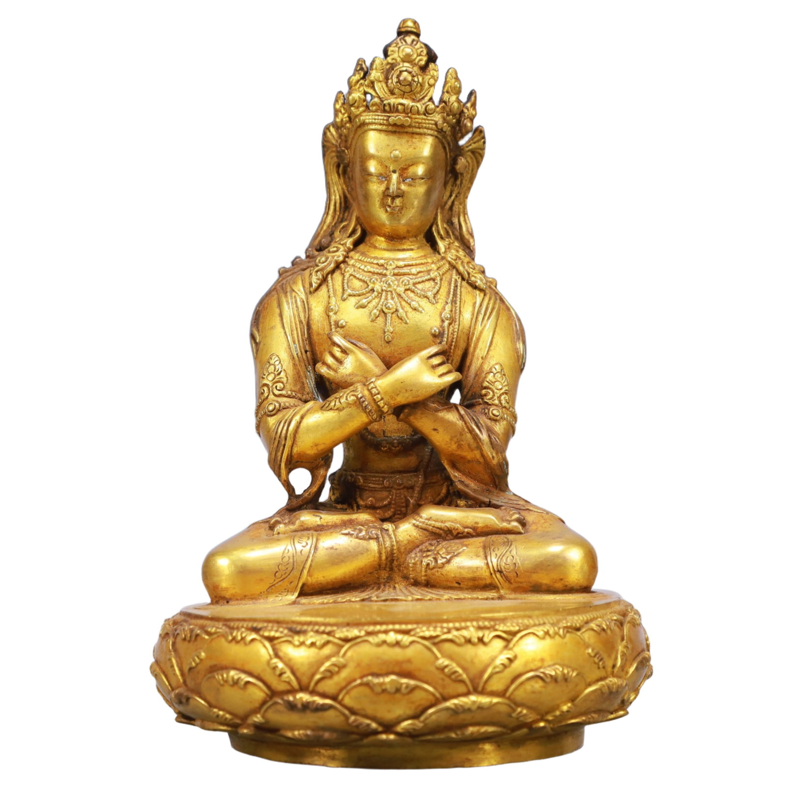 A Solemn Gilt Bronze Statue of Avalokitesvara: A Solemn Gilt Bronze Statue of Avalokitesvara,Qing Dynasty, China,Size:5.1inx7.9in,Weight:1800g 铜鎏金观音像,中国清代