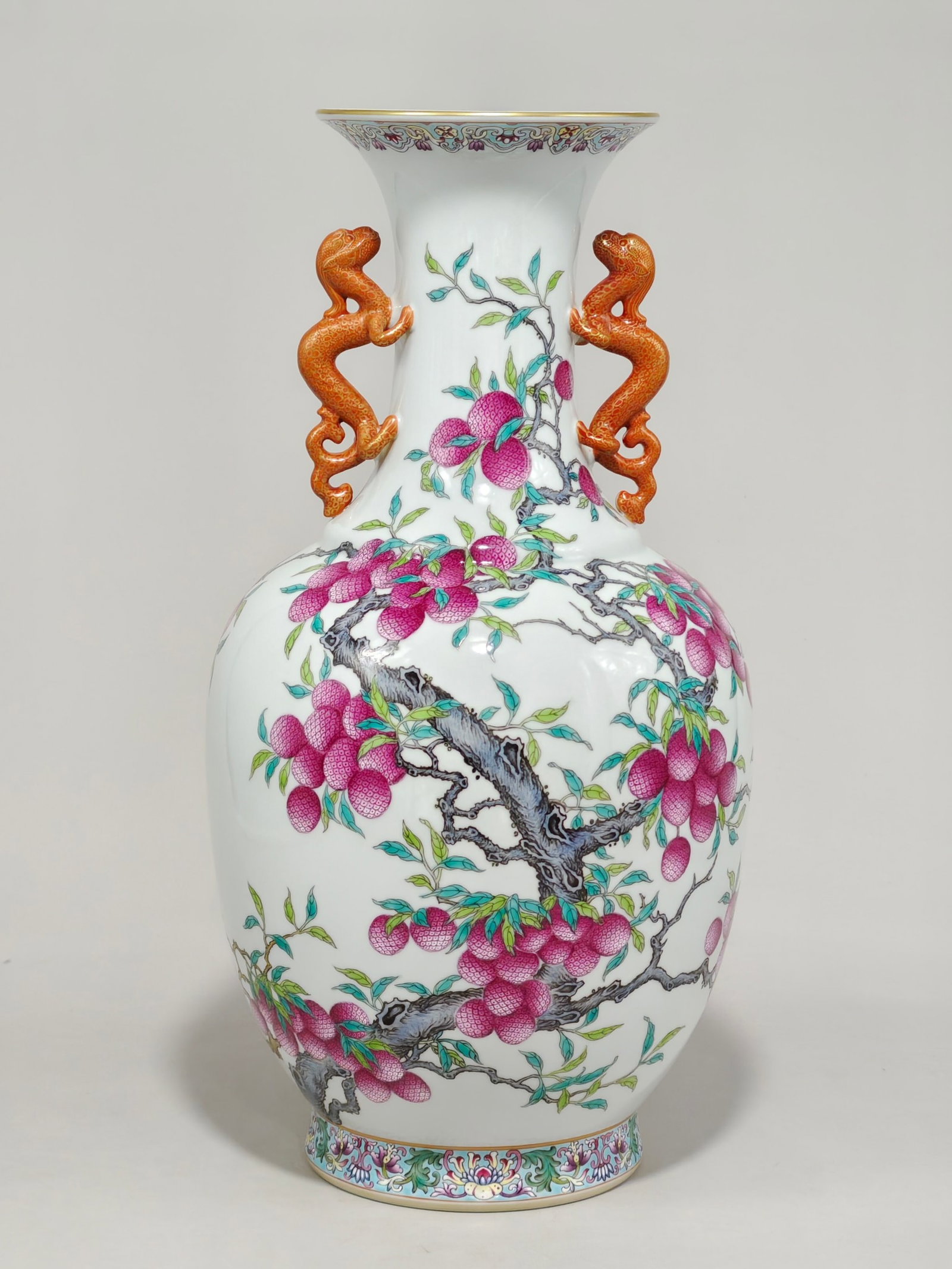 A Huge Famille-Rose Painted Gold Litchi Pattern Beast-Ears Vase: A Huge Famille-Rose Painted Gold Litchi Pattern Beast-Ears Vase,Qing Dynasty,China,Qianlong Six-character Mark,Size:16.7inx8.7in 粉彩描金荔枝纹兽耳