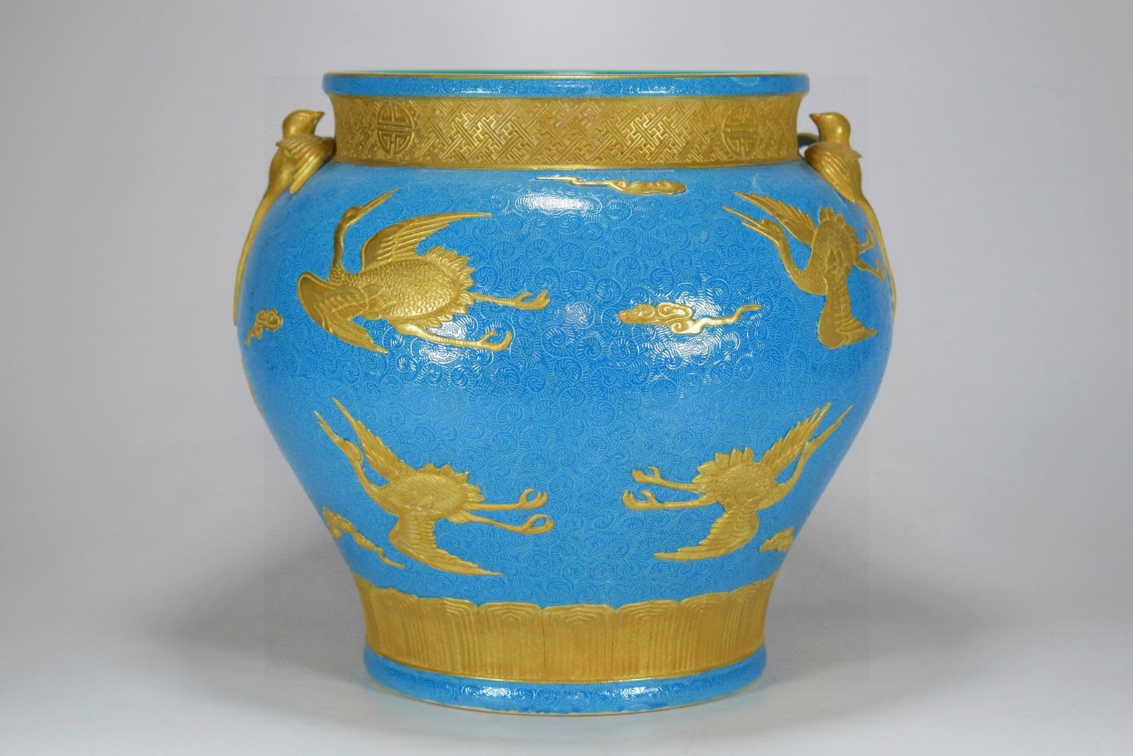 A Rare Blue Glazed Painted Gold Auspicious Cloud and Crane Pattern Swallow-Ears Vat: A Rare Blue Glazed Painted Gold Auspicious Cloud and Crane Pattern Swallow-Ears Vat,Qing Dynasty,China,Qianlong Four-character Mark,Size:12.6inx11.8in 蓝釉描金祥云&