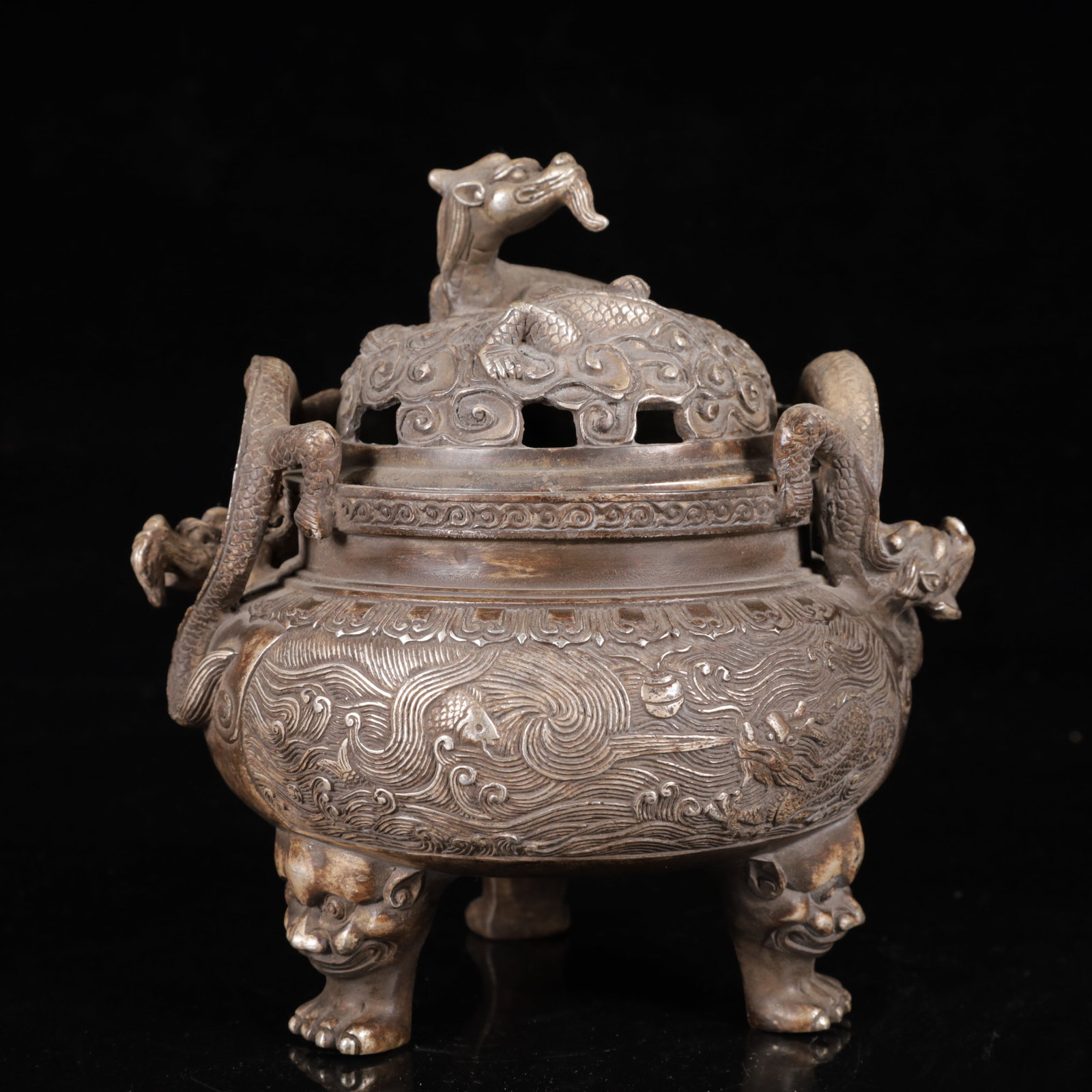 An Exquisite Silver-Plated Bronze Dragon Pattern Dragon-Ears and Beast-Ears Censer: An Exquisite Silver-Plated Bronze Dragon Pattern Dragon-Ears and Beast-Ears Censer,Qing Dynasty,China,Qianlong Four-Character Mark,Size:6.7inx5.5inx7.5in,Weight:1550g