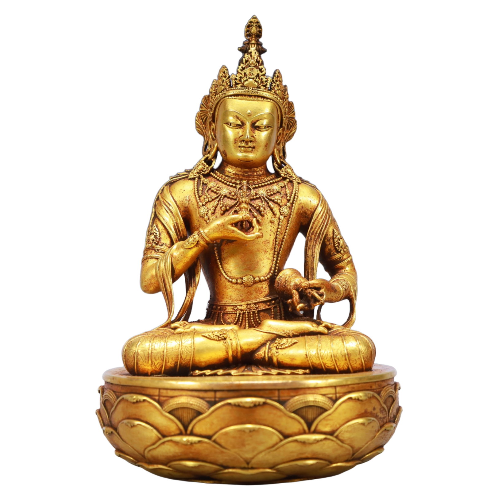 A Solemn Gilt Bronze Statue of Avalokitesvara: A Solemn Gilt Bronze Statue of Avalokitesvara,Ming Dynasty, China,Yongle Six-character Mark,Size:4.3inx6.7in,Weight:2050g 铜鎏金观音像,中国明É