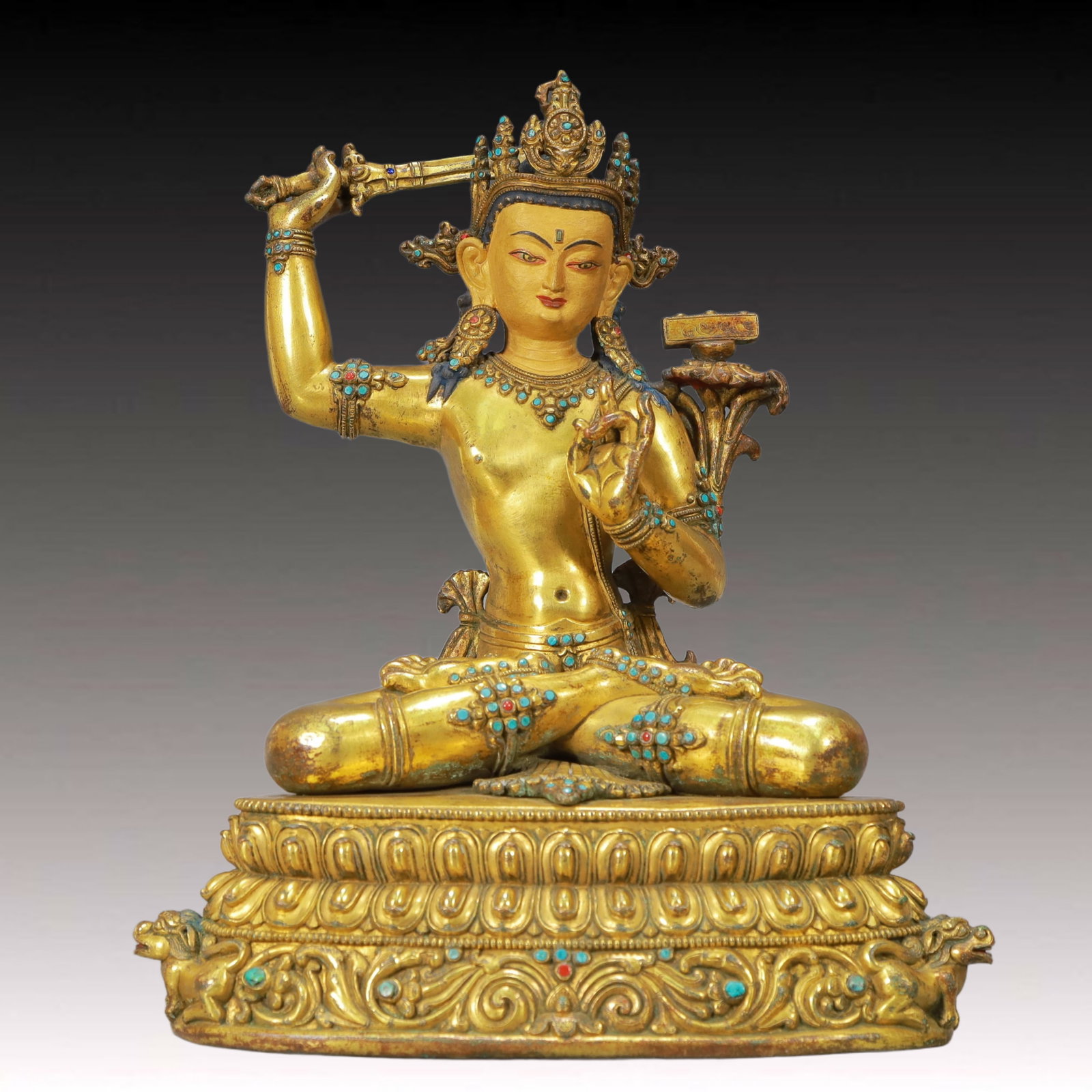 A Solemn Gilt Bronze Statue of Manjusri,Inlaid Turquoise,With Inscription: A Solemn Gilt Bronze Statue of Manjusri,Inlaid Turquoise,With Inscription,Ming Dynasty, China,Size:10.6inx7inx13.2in,Weight:6800g 铜鎏金文殊菩萨像,î