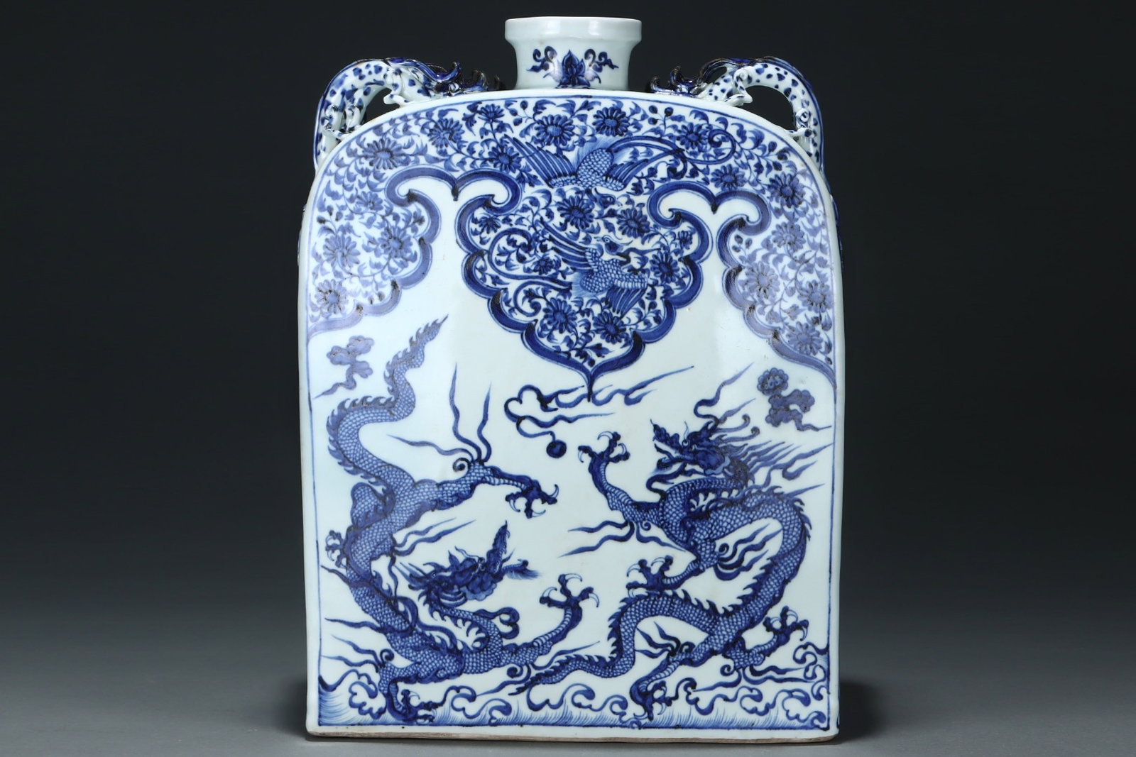 A Rare Blue and White Dragon and Phoenix Pattern Four Ears Vase: A Rare Blue and White Dragon and Phoenix Pattern Four Ears Vase,Yuan Dynasty,China,Size:14.8inx11in 青花龙凤纹四耳瓶,中国元代
