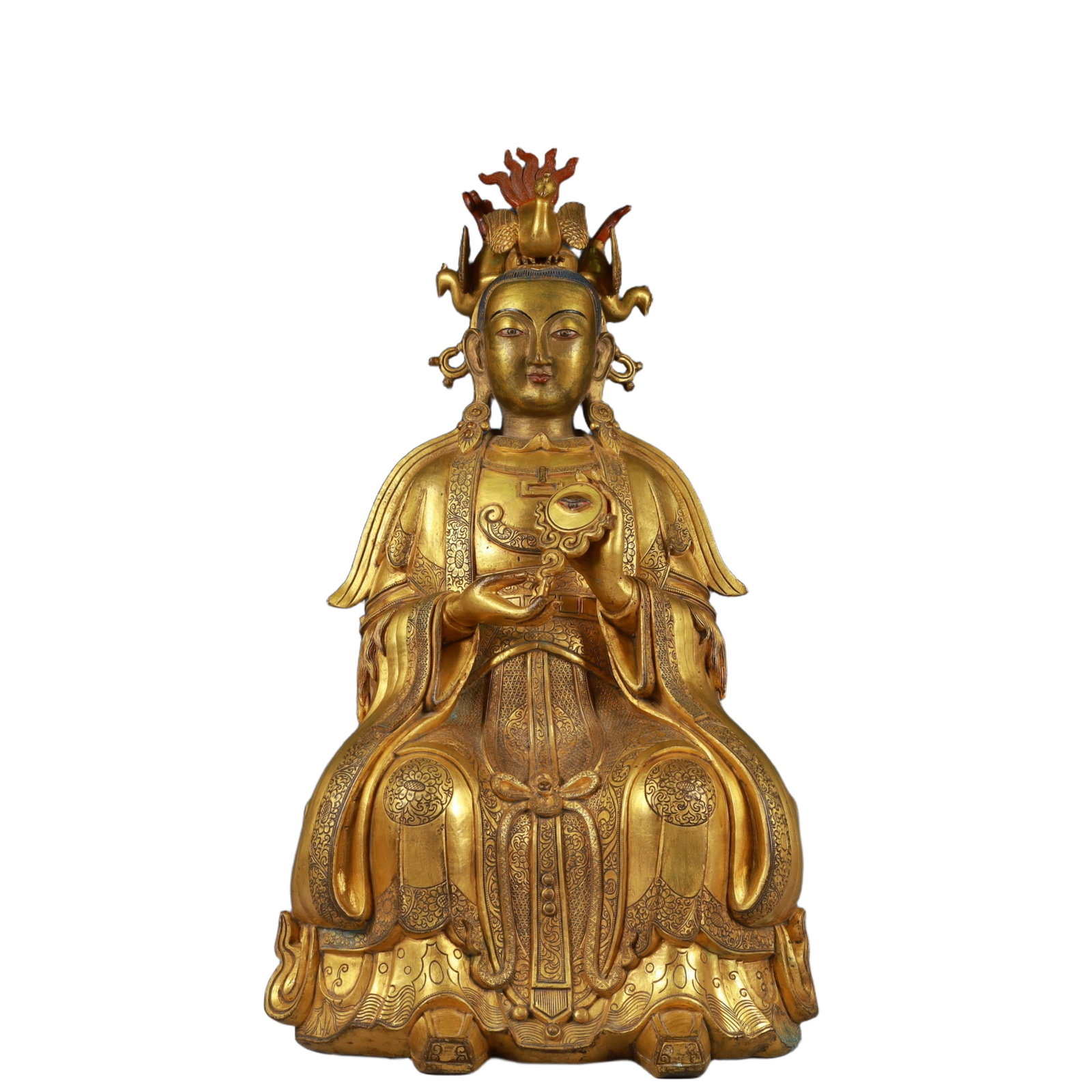 A Solemn Gilt Bronze Statue of Gautama’s Mother: A Solemn Gilt Bronze Statue of Gautama’s Mother,Qing Dynasty, China,Size:10.6inx7.1inx18.5in,Weight:12200g 铜鎏金佛母像,中国清代