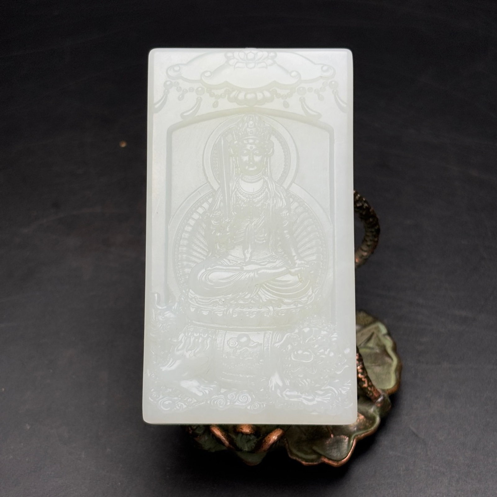 An Exquisite White Jade Statue of Manjusri Pattern Pendant: An Exquisite White Jade Statue of Manjusri Pattern Pendant,Qing Dynasty,China,Size:38mmx70mmx11mm,Weight:76g 白玉文殊菩萨像纹挂件,中&#