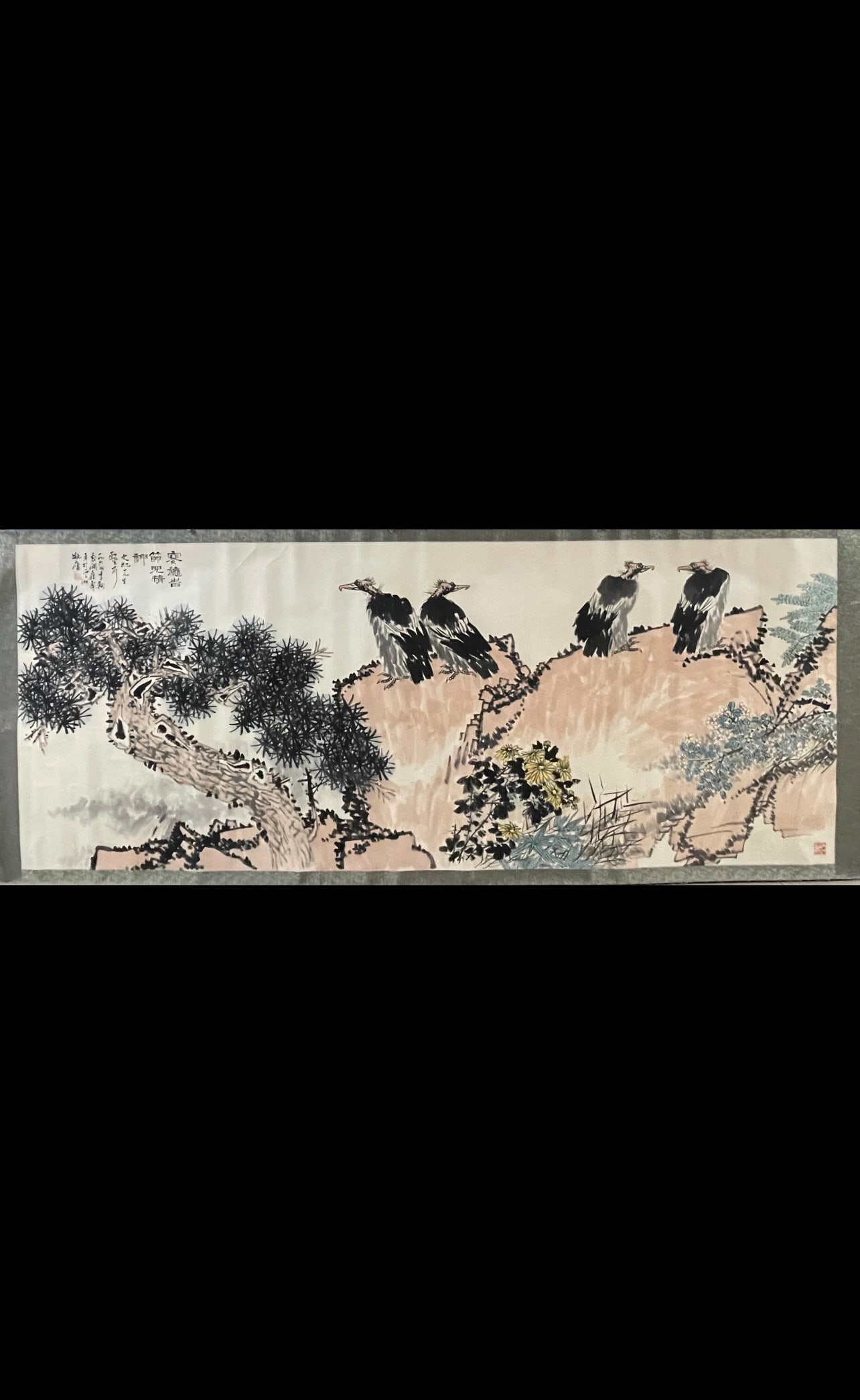 A Chinese Ink Painting of Pine and Eagle on Paper,Pan Tianshou: A Chinese Ink Painting of Pine and Eagle on Paper,Pan Tianshou,Size:55.1inx141.7in 一幅中国水墨松鹰图,潘天寿