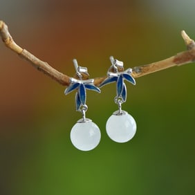 A Pair of Exquisite Sterling Silver Inlaid White Jade Earrings