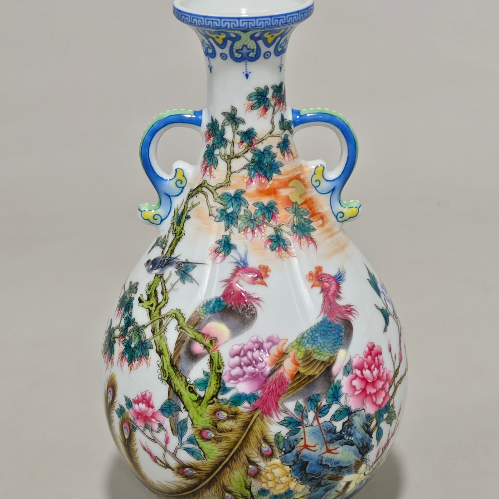 An Exquisite Enamel Flower and Bird Pattern Double-Ears Vase,With Poem: An Exquisite Enamel Flower and Bird Pattern Double-Ears Vase,With Poem,Qing Dynasty,China,Yongzheng Four-character Mark,Size:6.9inx4.3in 珐琅彩花鸟纹双耳