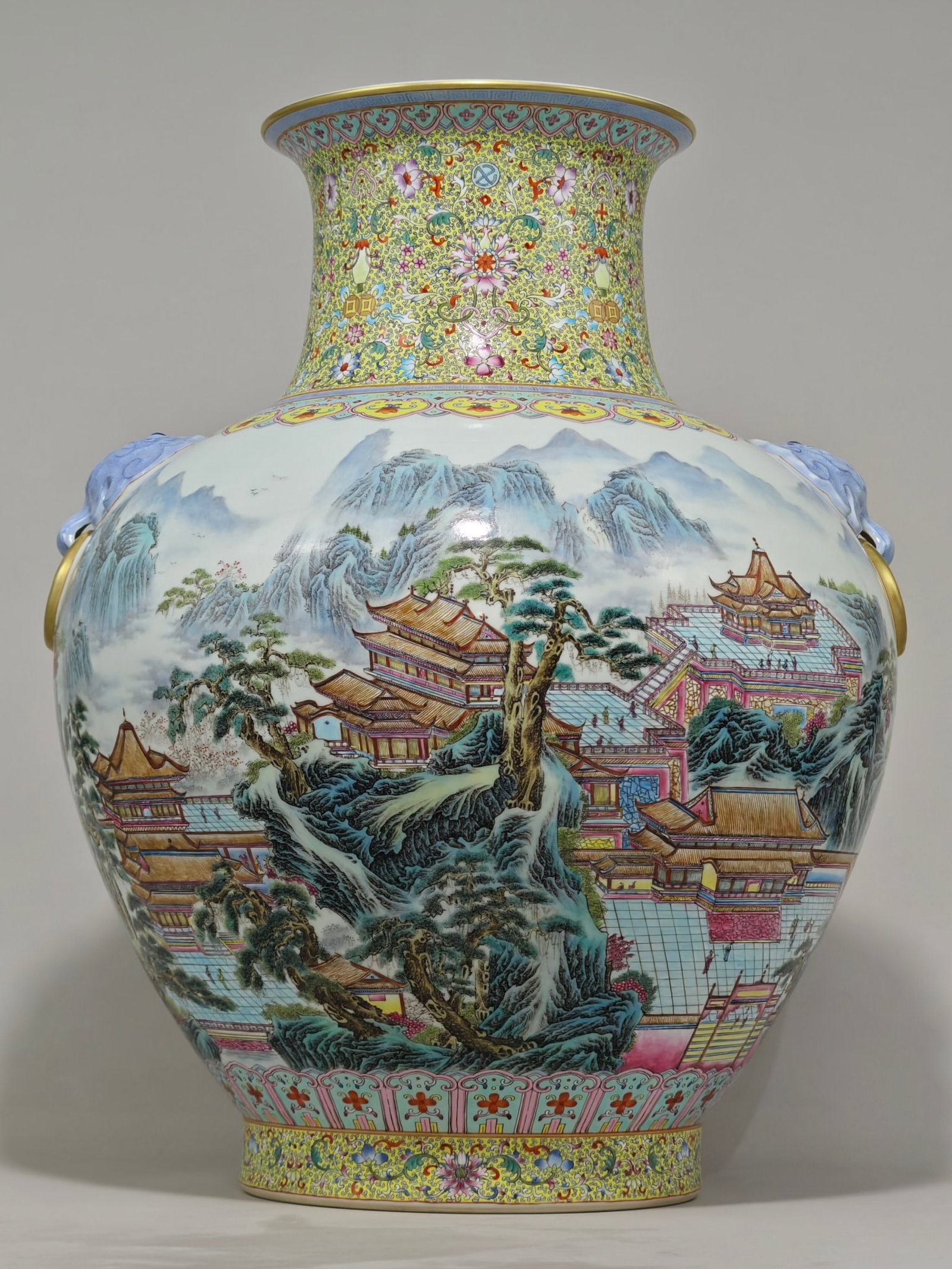 A Huge Famille-Rose Painted Gold Landscape and Figure Pattern Beast-Ears Vase: A Huge Famille-Rose Painted Gold Landscape and Figure Pattern Beast-Ears Vase,Qing Dynasty,China,Qianlong Six-character Mark,Size:20.1inx16.9in 粉彩描金山水人