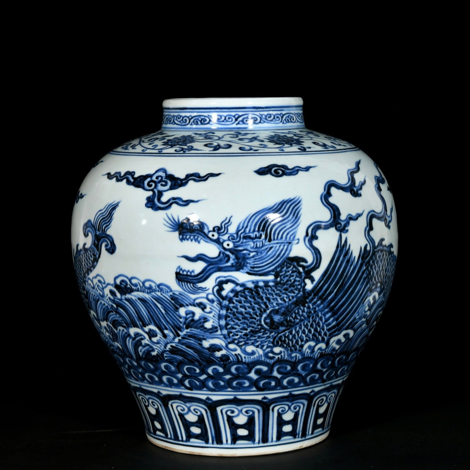 A Rare Blue and White Seawater,Auspicious Cloud and Dragon Pattern Jar: A Rare Blue and White Seawater,Auspicious Cloud and Dragon Pattern Jar,Ming Dynasty, China,Xuande Six-character Mark,Size:13inx13in 青花海水祥云龙纹 