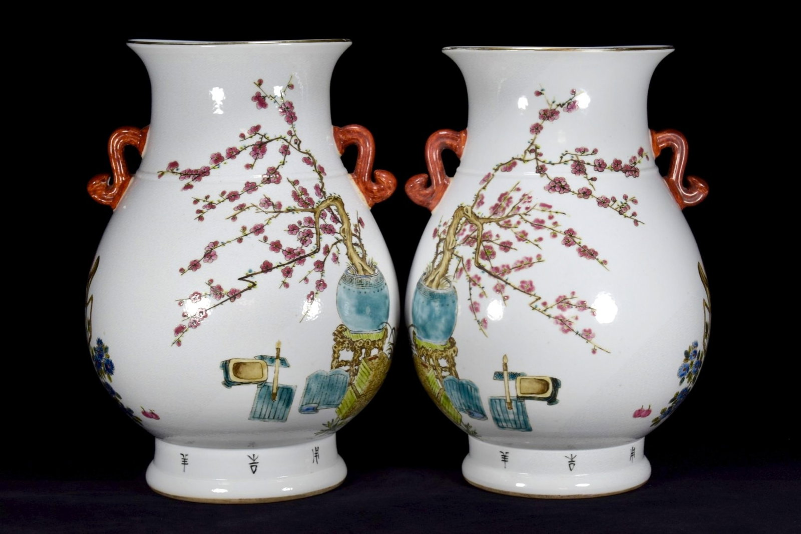 A Pair of Rare Famille-Rose Painted Gold Plum Blossom Pattern Ruyi-Ears Vases,With Poem: A Pair of Rare Famille-Rose Painted Gold Plum Blossom Pattern Ruyi-Ears Vases,With Poem,Qing Dynasty,China,With Mark,Size:13.8inx9.4in 一对粉彩描金梅花&