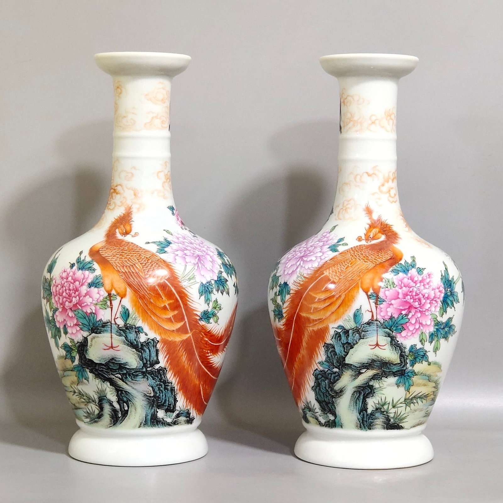 A Pair of Exquisite Famille-Rose Peony and Phoenix Pattern Vases,With Poem: A Pair of Exquisite Famille-Rose Peony and Phoenix Pattern Vases,With Poem,Qing Dynasty,China,Yongzheng Six-character Mark,Size:9.8inx4.7in 一对粉彩牡丹凤 