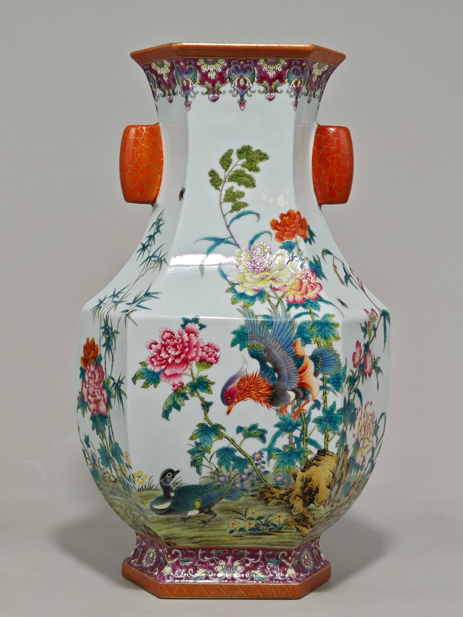 A Huge Enamel Painted Gold Flower and Bird Pattern Double-Ears Vase,With Poem: A Huge Enamel Painted Gold Flower and Bird Pattern Double-Ears Vase,With Poem,Qing Dynasty,China,Qianlong Six-character Mark,Size:16.9inx10.2in 珐琅彩描金花鸟