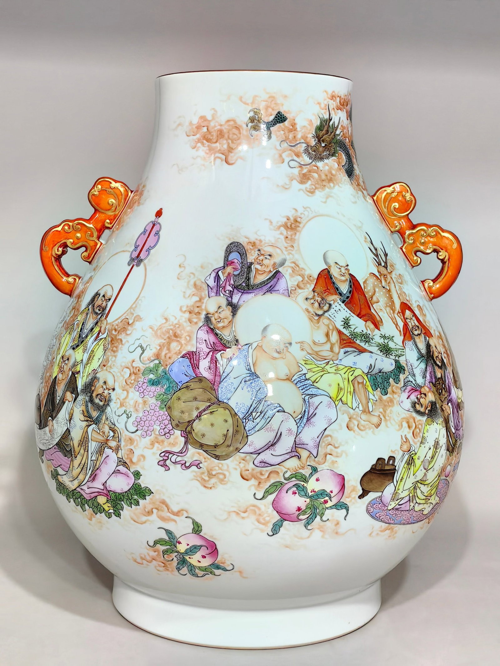 A Huge Famille-Rose Painted Gold Arhat Pattern Double-Ears Vase,With Poem: A Huge Famille-Rose Painted Gold Arhat Pattern Double-Ears Vase,With Poem,Qing Dynasty,China,Qianlong Six-character Mark,Size:19.3inx15.4in 粉彩描金罗汉像 