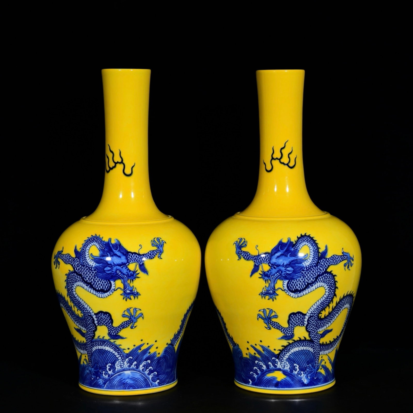 A Pair of Huge Yellow Glazed Blue and White Seawater and Dragon Pattern Vases: A Pair of Huge Yellow Glazed Blue and White Seawater and Dragon Pattern Vases,Qing Dynasty,China,Qianlong Six-character Mark,Size:16.5inx8.3in 一对黄釉青花海&