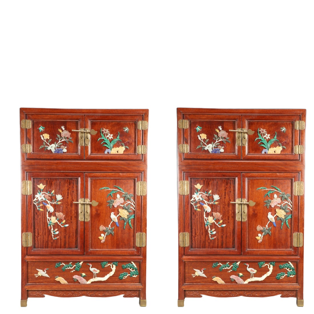 A Pair of Rare Huali wood Inlaid Gems Flower and Bird Pattern Cabinets: A Pair of Rare Huali wood Inlaid Gems Flower and Bird Pattern Cabinets,Qing Dynasty, China,Size:17.7inx7.9inx27.6in,Total Weight:18950g 一对花梨木嵌百宝