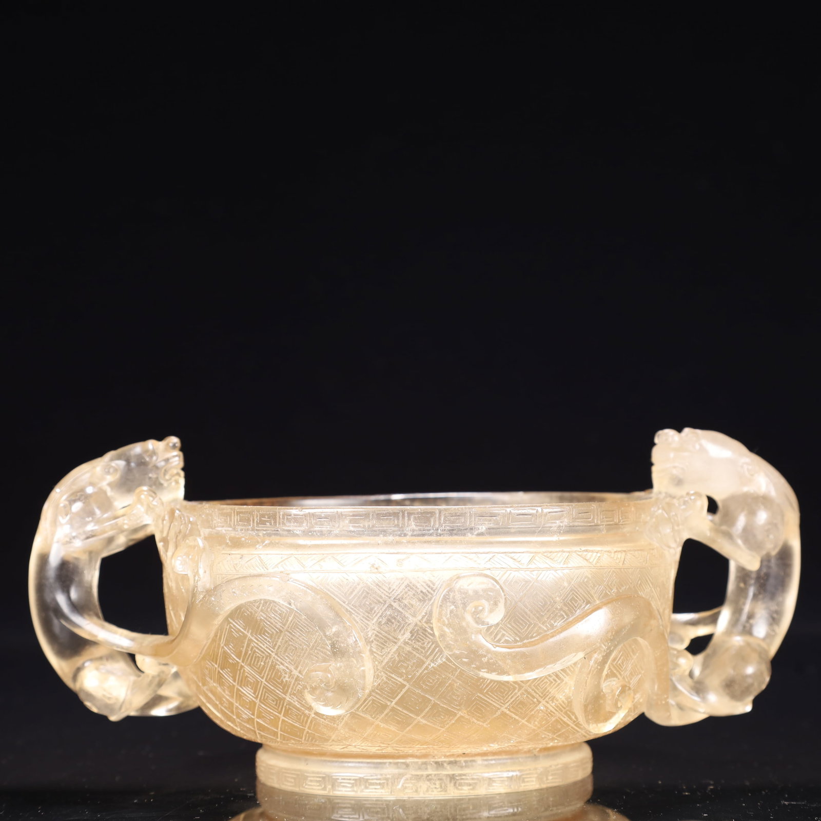 An Exquisite Crystal Chi-Dragon-Ears Cup: An Exquisite Crystal Chi-Dragon-Ears Cup,Qing Dynasty, China,Size:7.9inx4.7inx3.5in,Weight:850g 水晶螭龙耳杯,中国清代