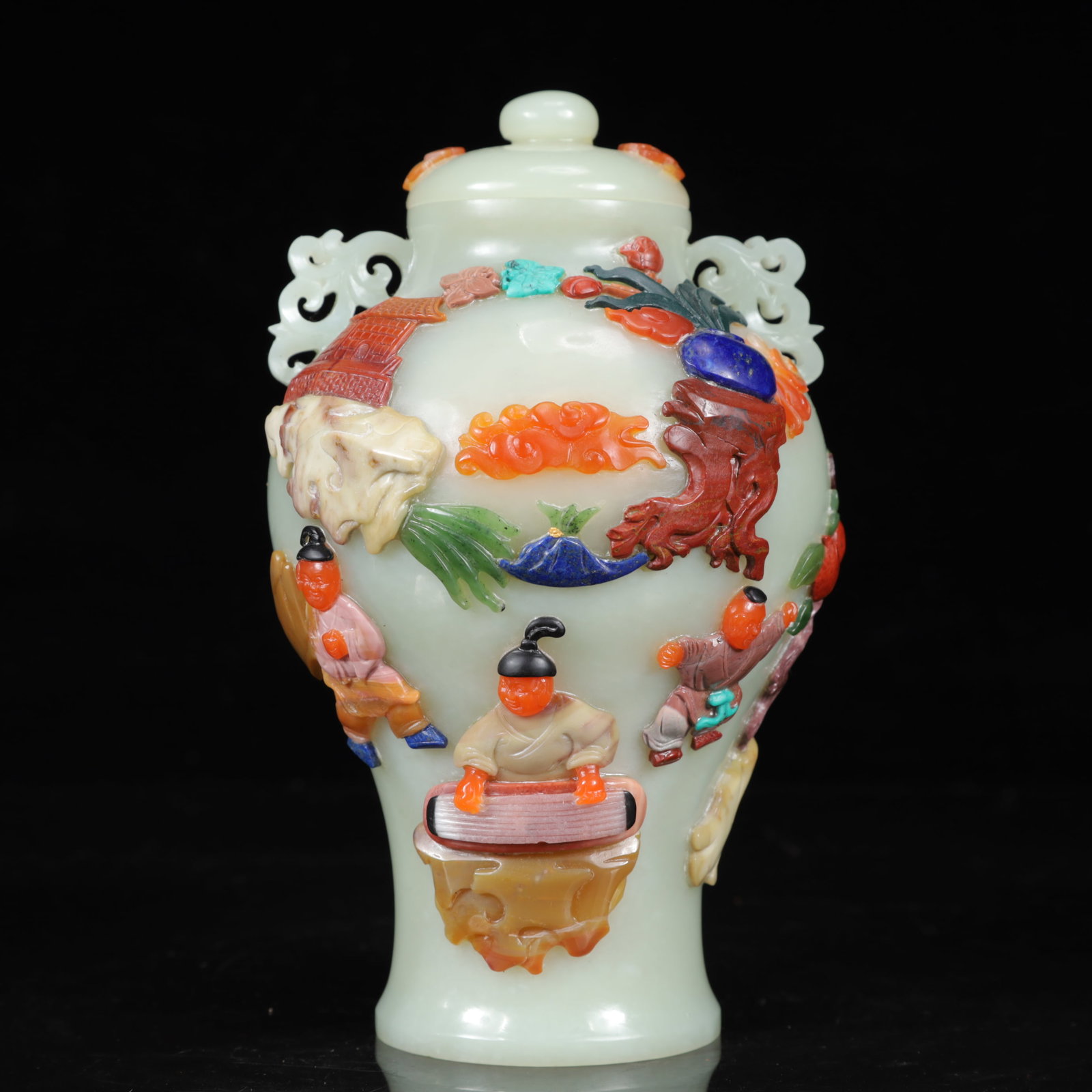 An Exquisite White Jade Inlaid Gems Figure Pattern Double-Ears Jar: An Exquisite White Jade Inlaid Gems Figure Pattern Double-Ears Jar,Qing Dynasty,China,Qianlong Four-character Mark,Size:4.3inx7.1in,Weight:650g 白玉嵌百宝人物