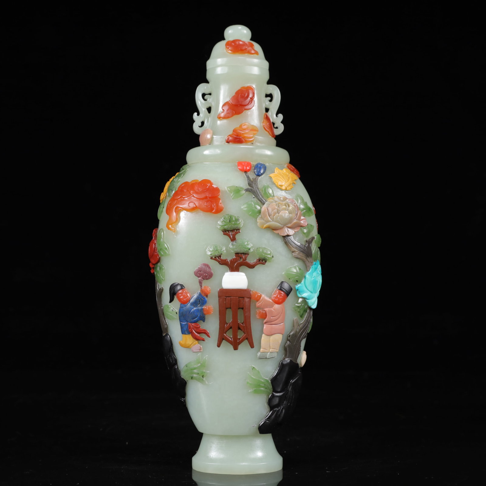 An Exquisite White Jade Inlaid Gems Figure Pattern Double-Ears Jar: An Exquisite White Jade Inlaid Gems Figure Pattern Double-Ears Jar,Qing Dynasty,China,Size:3.5inx2inx9.1in,Weight:500g 白玉嵌百宝人物纹双耳&