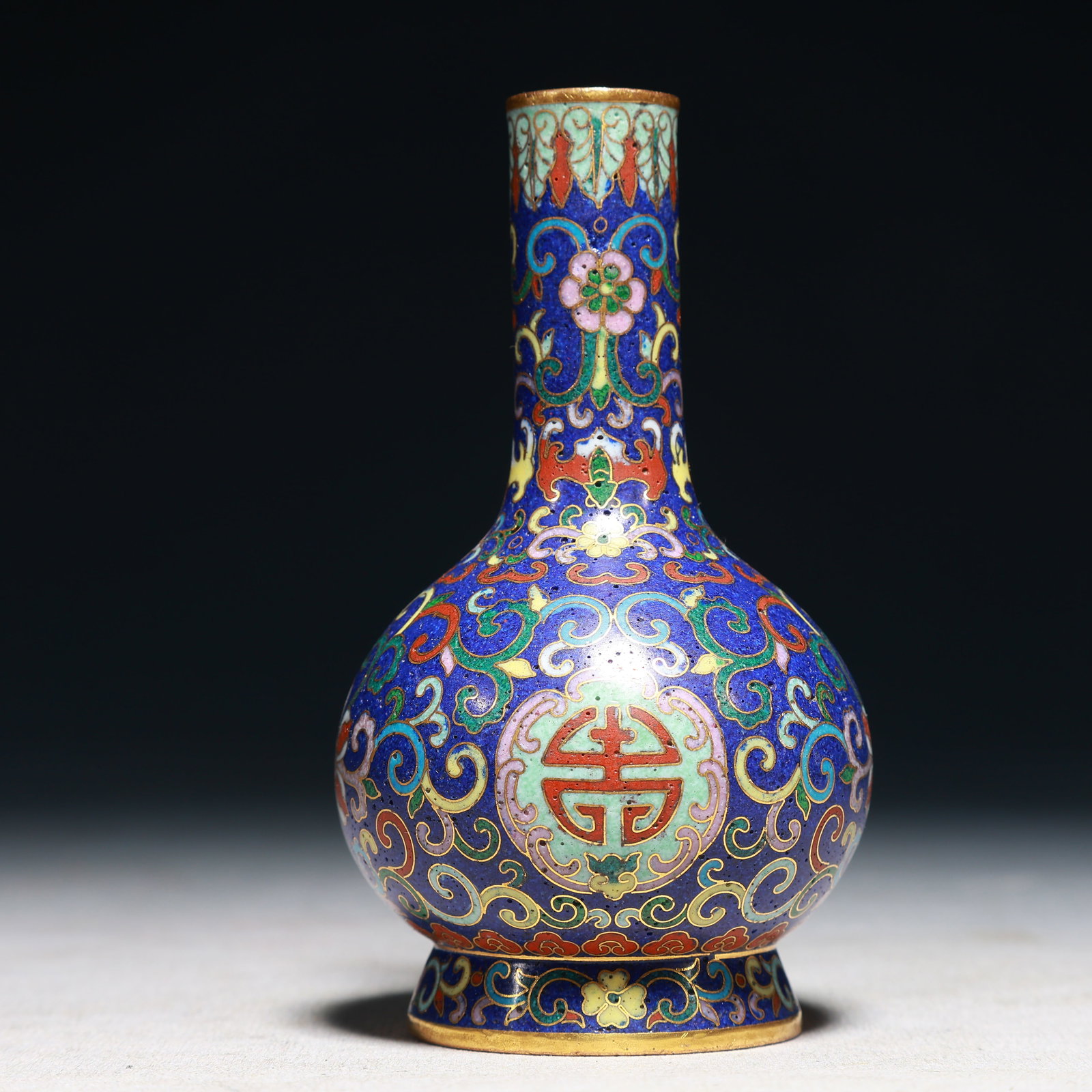 An Exquisite Cloisonne Lotus,Bats and Peach Pattern Vase: An Exquisite Cloisonne Lotus,Bats and Peach Pattern Vase,Qing Dynasty,China,Qianlong Four-character Mark,Size:2.4inx4.7in,Weight:200g 景泰蓝缠枝莲福寿&#