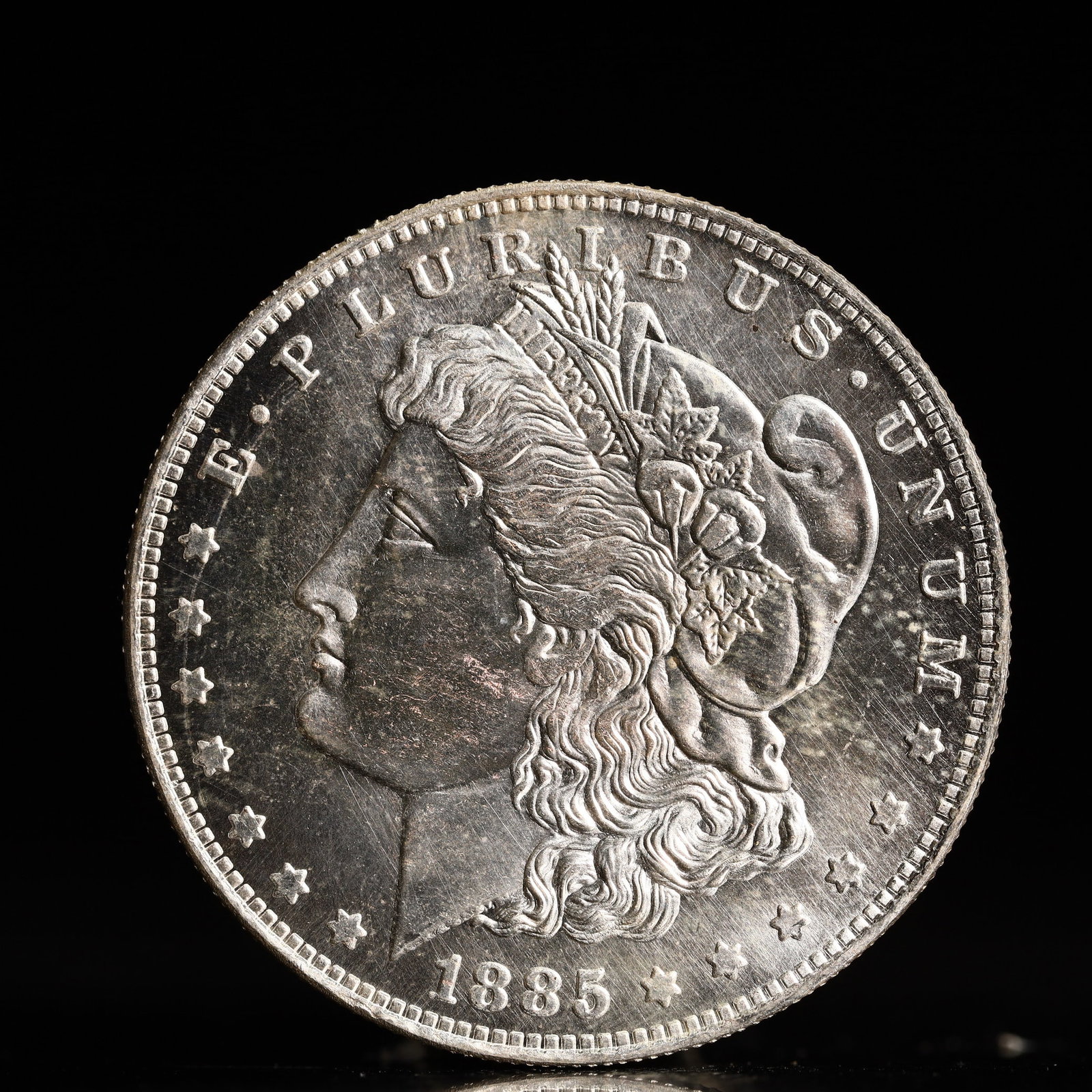 USA Morgan Dollar 1885 Coin: Obv: profile bust with date below and E PLURIBUS UNUM legend and stars around. Rev: eagle with In God we trust above within wreath with UNITED STATES OF AMERICA ONE DOLLAR legend. IN GOD WE TRUST / LI