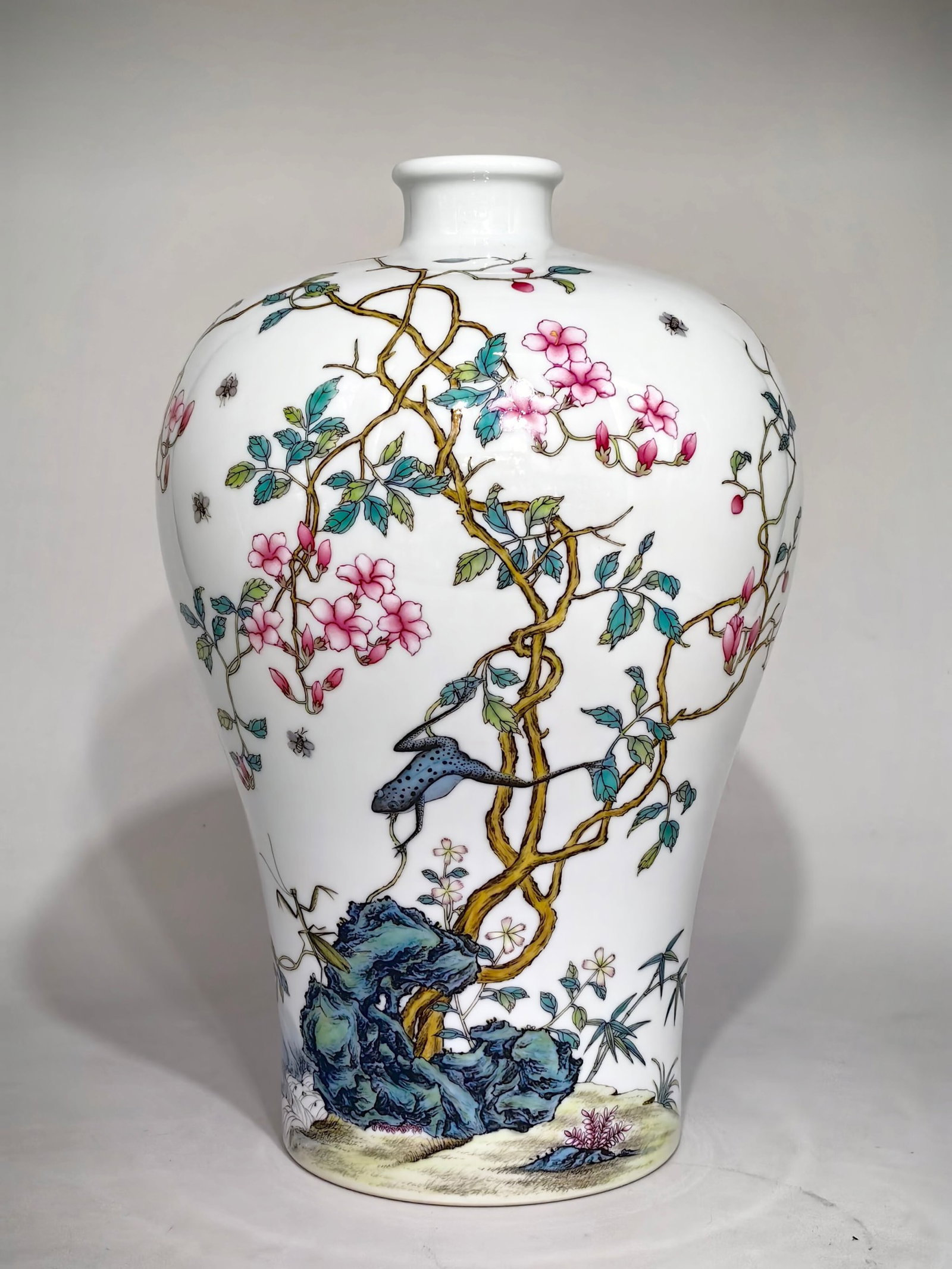 A Rare Famille-Rose Flower and Insect Pattern Vase,With Poem: A Rare Famille-Rose Flower and Insect Pattern Vase,With Poem,Qing Dynasty,China,Yongzheng Six-character Mark,Size:12.4inx8.3in 粉彩花卉昆虫纹瓶,带