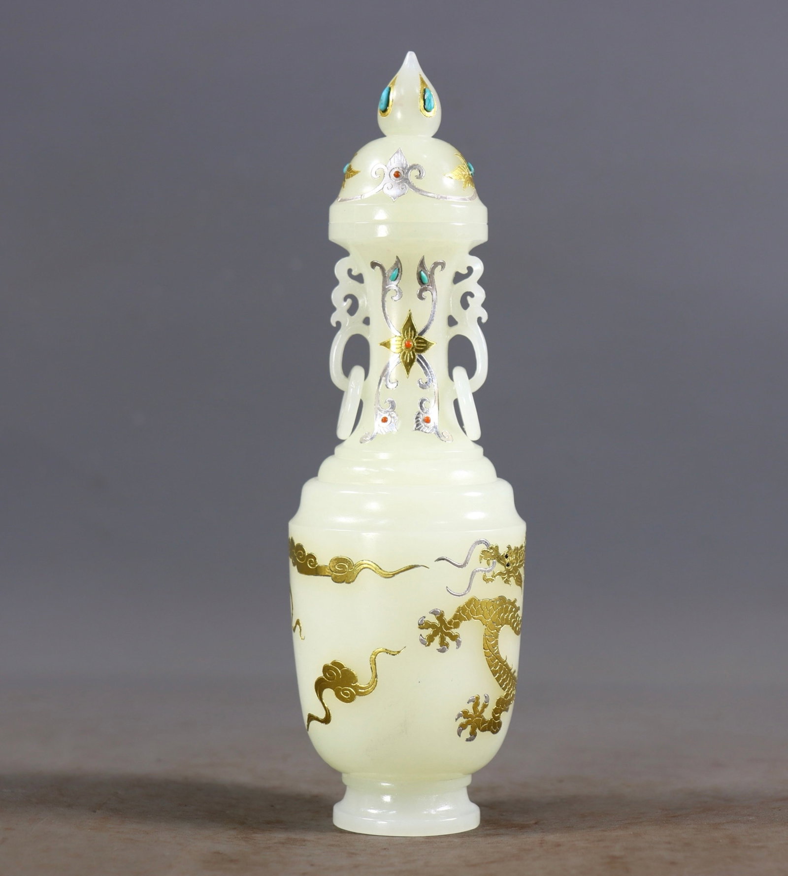 An Exquisite White Jade Inlaid Gold and SilverAuspicious Cloud and Dragon Pattern Double-Ears Bottle: An Exquisite White Jade Inlaid Gold and SilverAuspicious Cloud and Dragon Pattern Double-Ears Bottle,Qing Dynasty,China,With Mark,Size:7.3inx2in,Weight:227g 白玉错金银