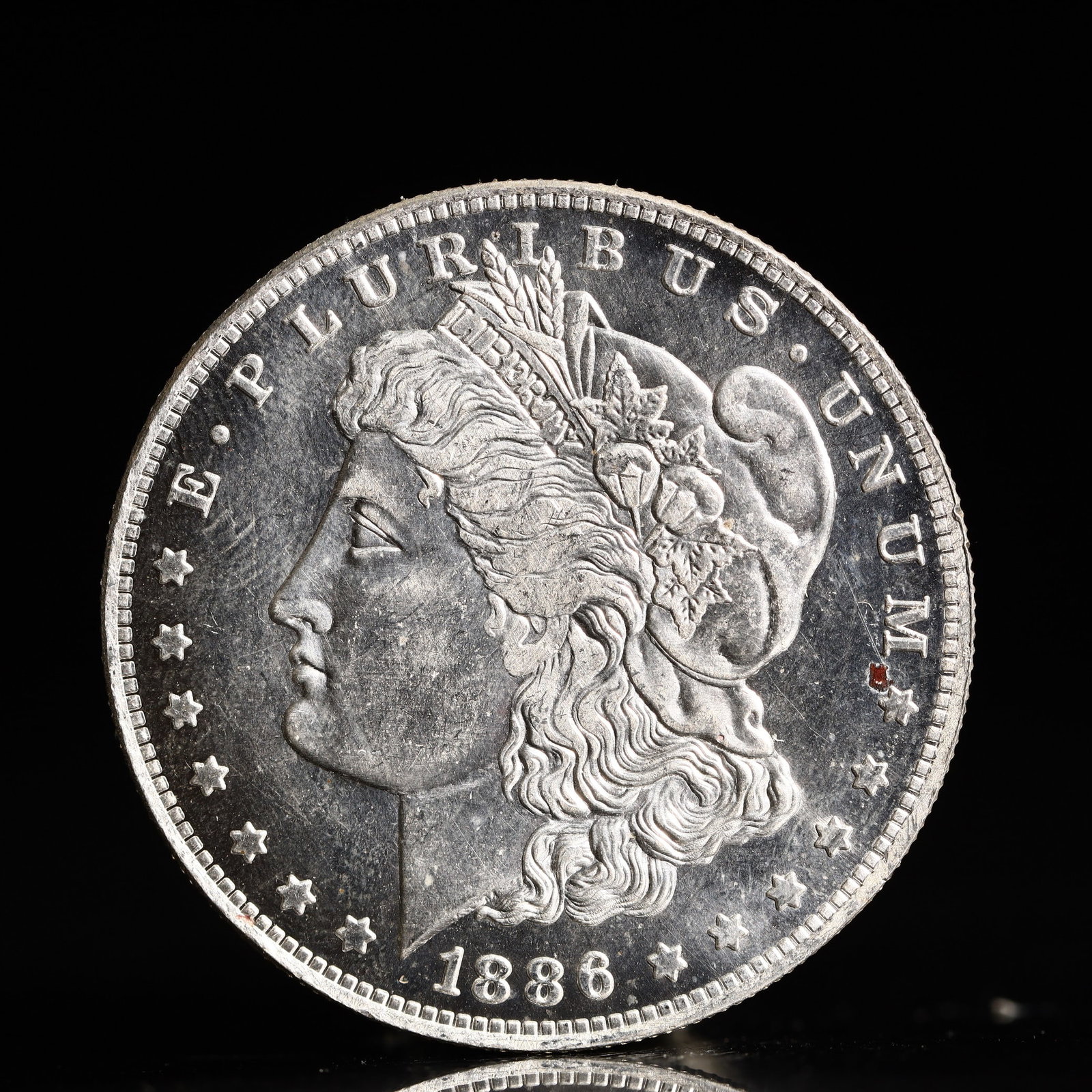 USA Morgan Dollar 1886 Coin: Obv: profile bust with date below and E PLURIBUS UNUM legend and stars around. Rev: eagle with In God we trust above within wreath with UNITED STATES OF AMERICA ONE DOLLAR legend. IN GOD WE TRUST / LI