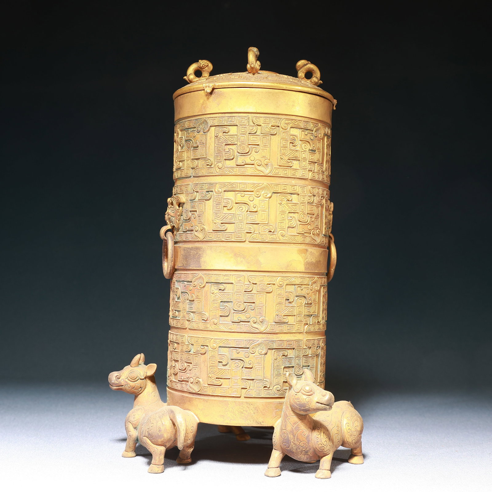 An Exquisite Gilt Bronze Chi-Dragon Patter Beast-Ears Beast Legs Jar with Cover: An Exquisite Gilt Bronze Chi-Dragon Patter Beast-Ears Beast Legs Jar with Cover,Qing Dynasty,China,Size:5.9inx9.8in,Weight:2300g 铜鎏金螭龙纹兽耳兽