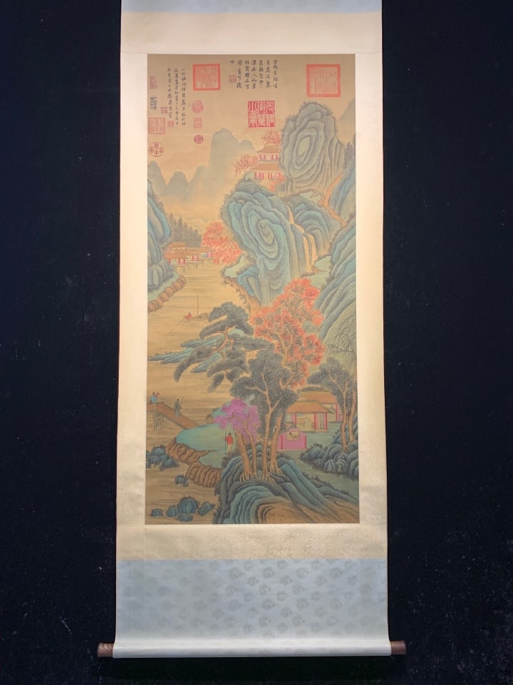 A Chinese Vertical Scroll Ink Painting of Landscape and Figure on Silk,Tang Yin: A Chinese Vertical Scroll Ink Painting of Landscape and Figure on Silk,Tang Yin,Size:(Without frame)55.5inx24.8in 一幅中国水墨绢本山水ߟ