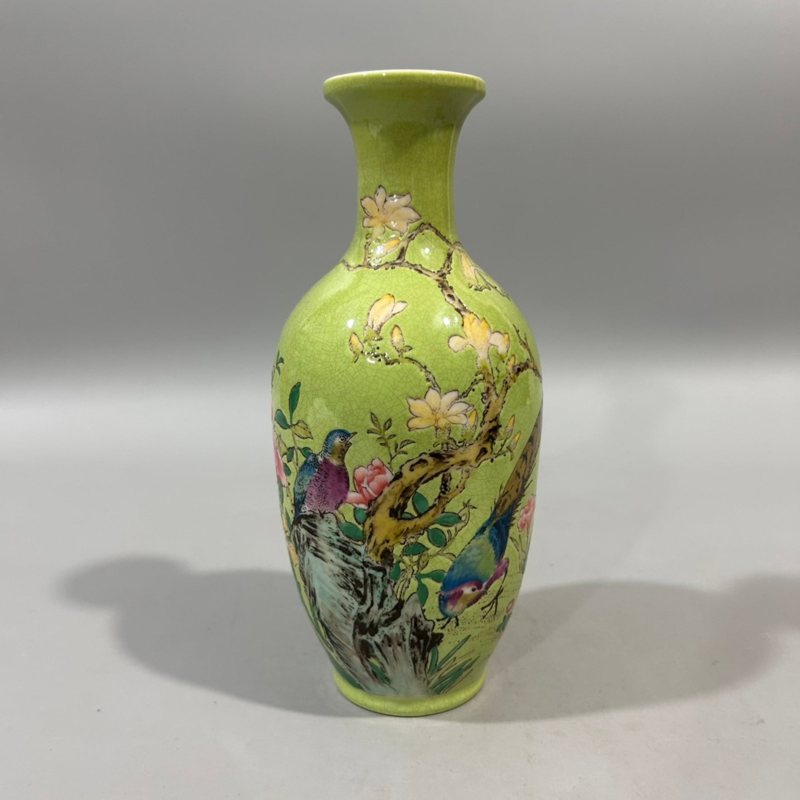 An Exquisite Enamel Green Ground Flower and Bird Pattern Vase,With Poem: An Exquisite Enamel Green Ground Flower and Bird Pattern Vase,With Poem,Qing Dynasty,China,Yongzheng Four-character Mark,Size:3.1inx7.9in 珐琅彩绿地花鸟ಬ