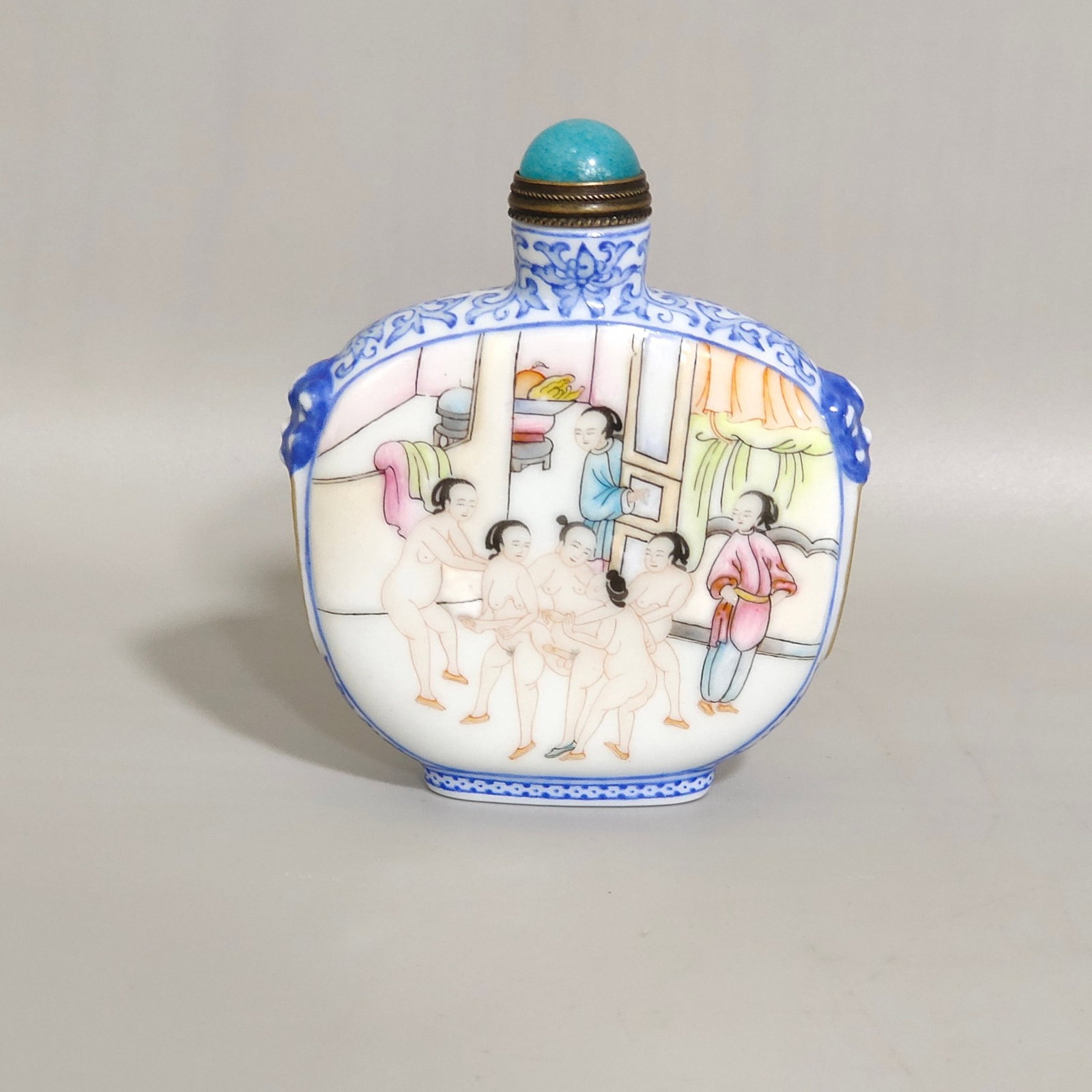 An Exquisite Blue and White Famille-Rose Figure Pattern Beast-Ears Snuff Bottle: An Exquisite Blue and White Famille-Rose Figure Pattern Beast-Ears Snuff Bottle,Qing Dynasty,China,Qianlong Four-character Mark,Size:2.8inx2.3in 青花粉彩人物纹