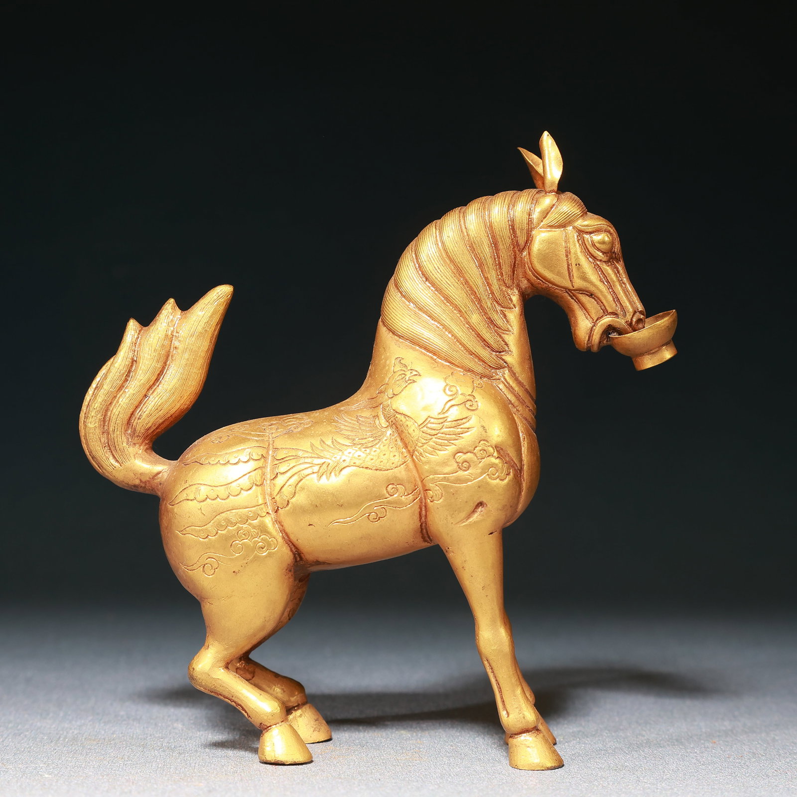 An Exquisite Gilt Bronze Auspicious Cloud and Phoenix Pattern Horse Ornament (1 of 8)