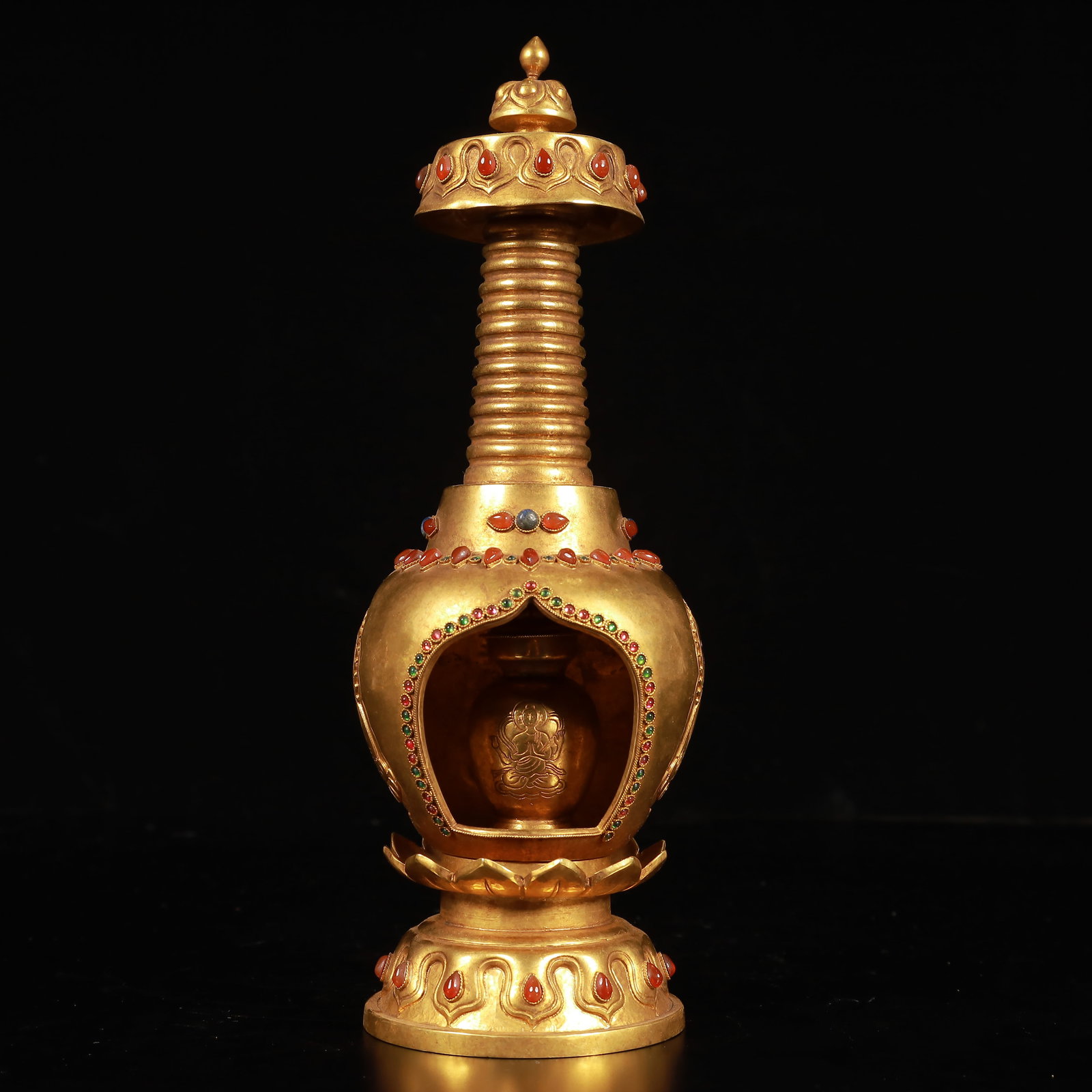 An Exquisite Gilt Bronze Pagoda,Inlaid Gems: An Exquisite Gilt Bronze Pagoda,Inlaid Gems,Qing Dynasty, China,Size:3.5inx9.4in,Weight:700g 铜鎏金佛塔,嵌宝石,中国清代