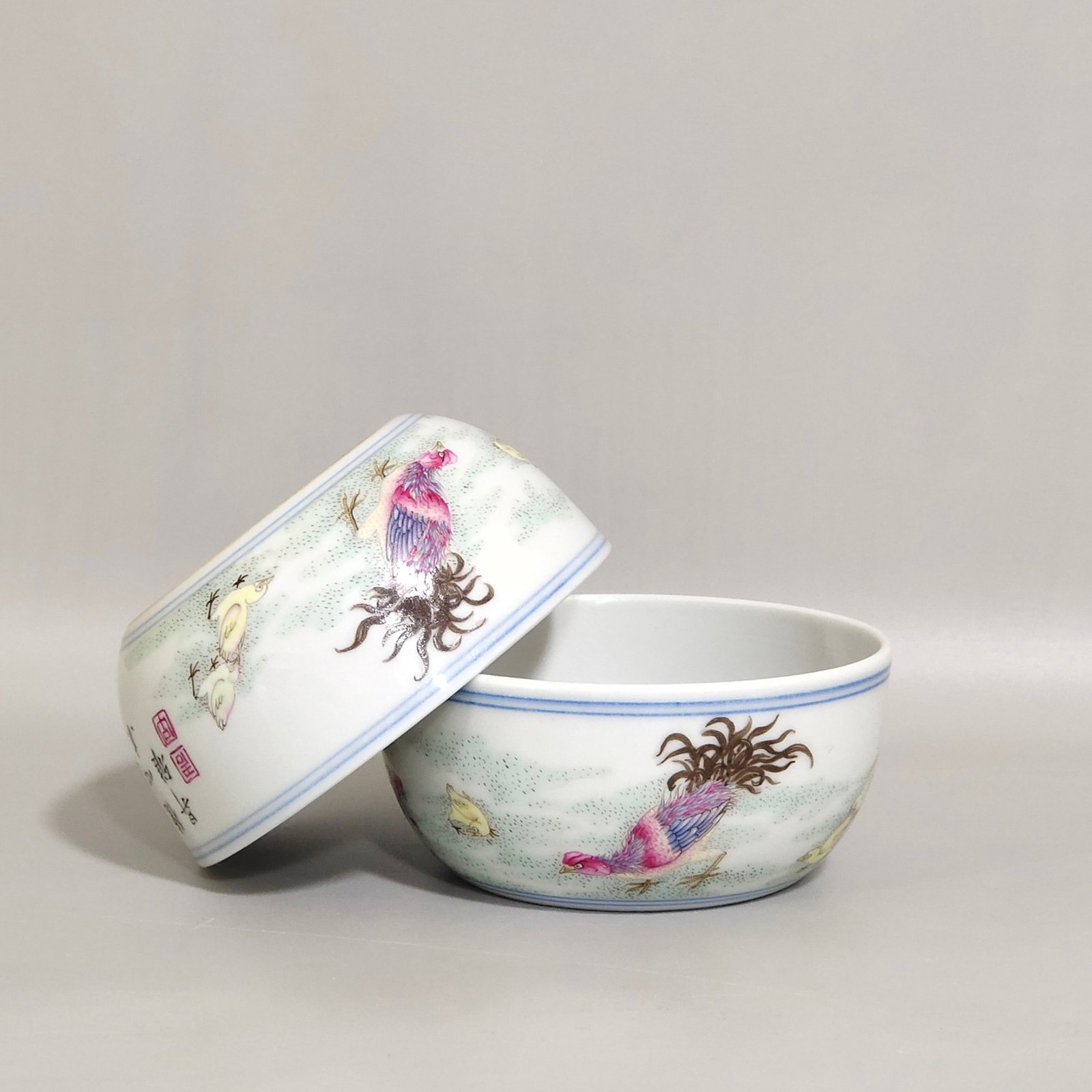 A Pair of Exquisite Famille-Rose Rooster Fruit Pattern Cups,With Poem: A Pair of Exquisite Famille-Rose Rooster Fruit Pattern Cups,With Poem,Qing Dynasty,China,Yongzheng Six-character Mark,Size:1.3inx2.9in 一对粉彩公鸡果纹&