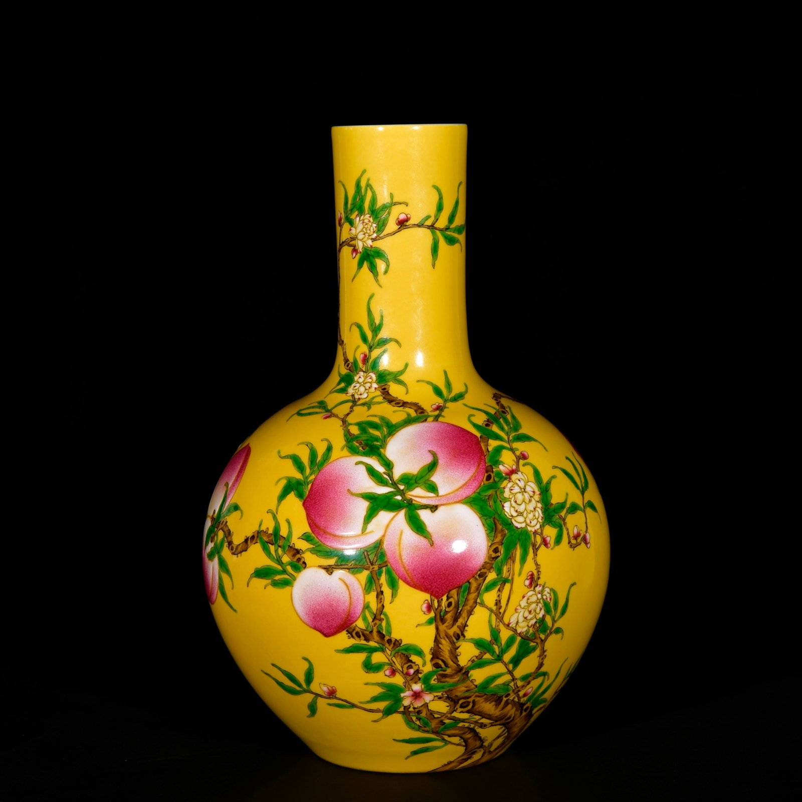 A Rare Yellow Glazed Enamel Bats and Peach Pattern Vase: A Rare Yellow Glazed Enamel Bats and Peach Pattern Vase,Qing Dynasty,China,Yongzheng Six-character Mark,Size:14.4inx9.4in 黄釉珐琅彩福寿纹瓶,È